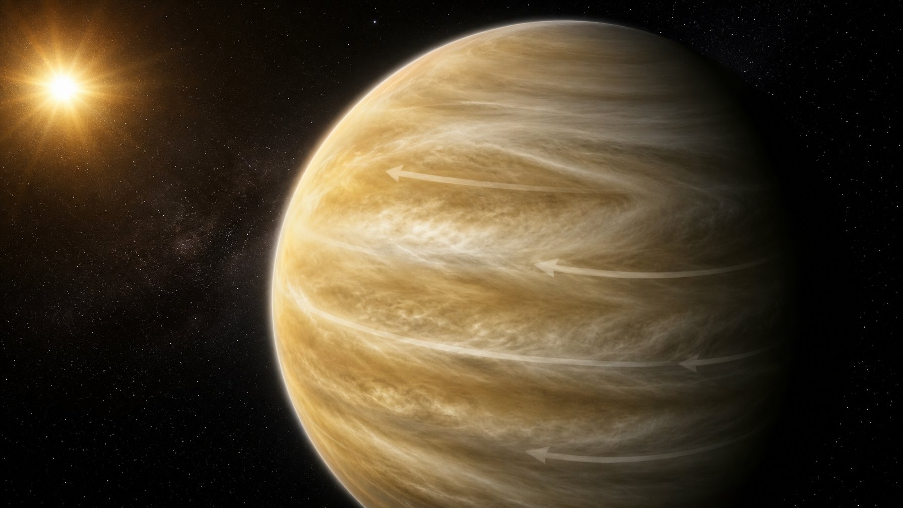 Gambar planet Venus dengan awan tebal berputar lambat dan berlawanan arah di angkasa gelap dengan latar bintang dan sinar matahari jauh.