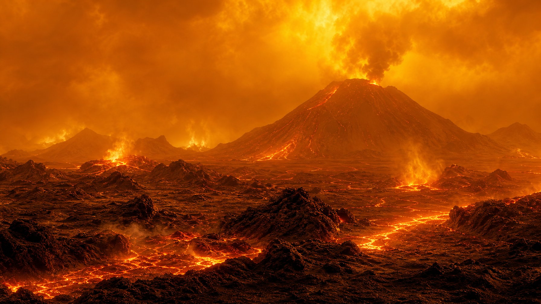 Pemandangan gunung berapi aktif di permukaan Venus dengan lava mengalir dan asap mengepul di bawah langit kuning-oranye yang tebal.