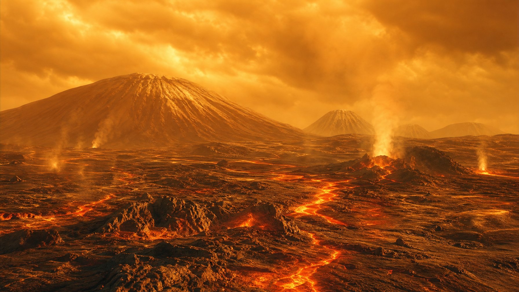 Pemandangan permukaan Venus yang menunjukkan aktivitas vulkanik dengan lava mengalir dan gunung berapi di bawah atmosfer berwarna oranye-kuning.