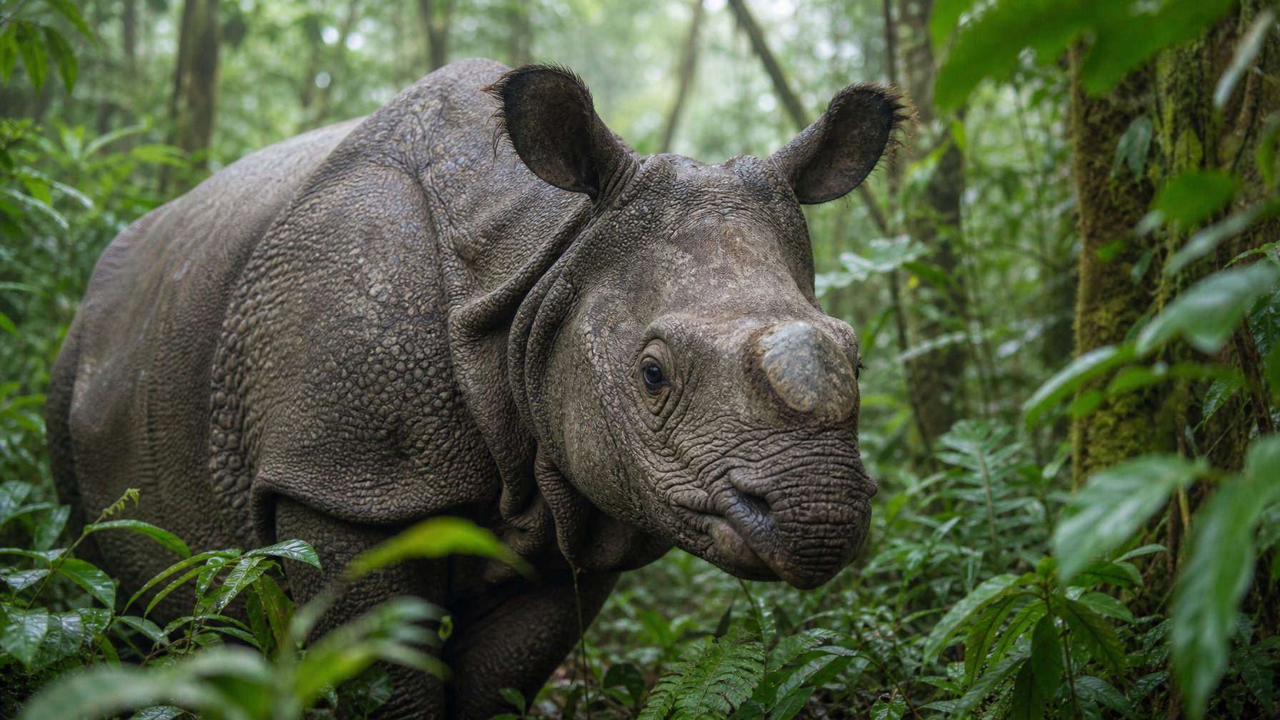 Seekor badak Jawa langka berdiri di tengah hutan tropis yang rimbun dengan tanaman hijau di sekitarnya.
