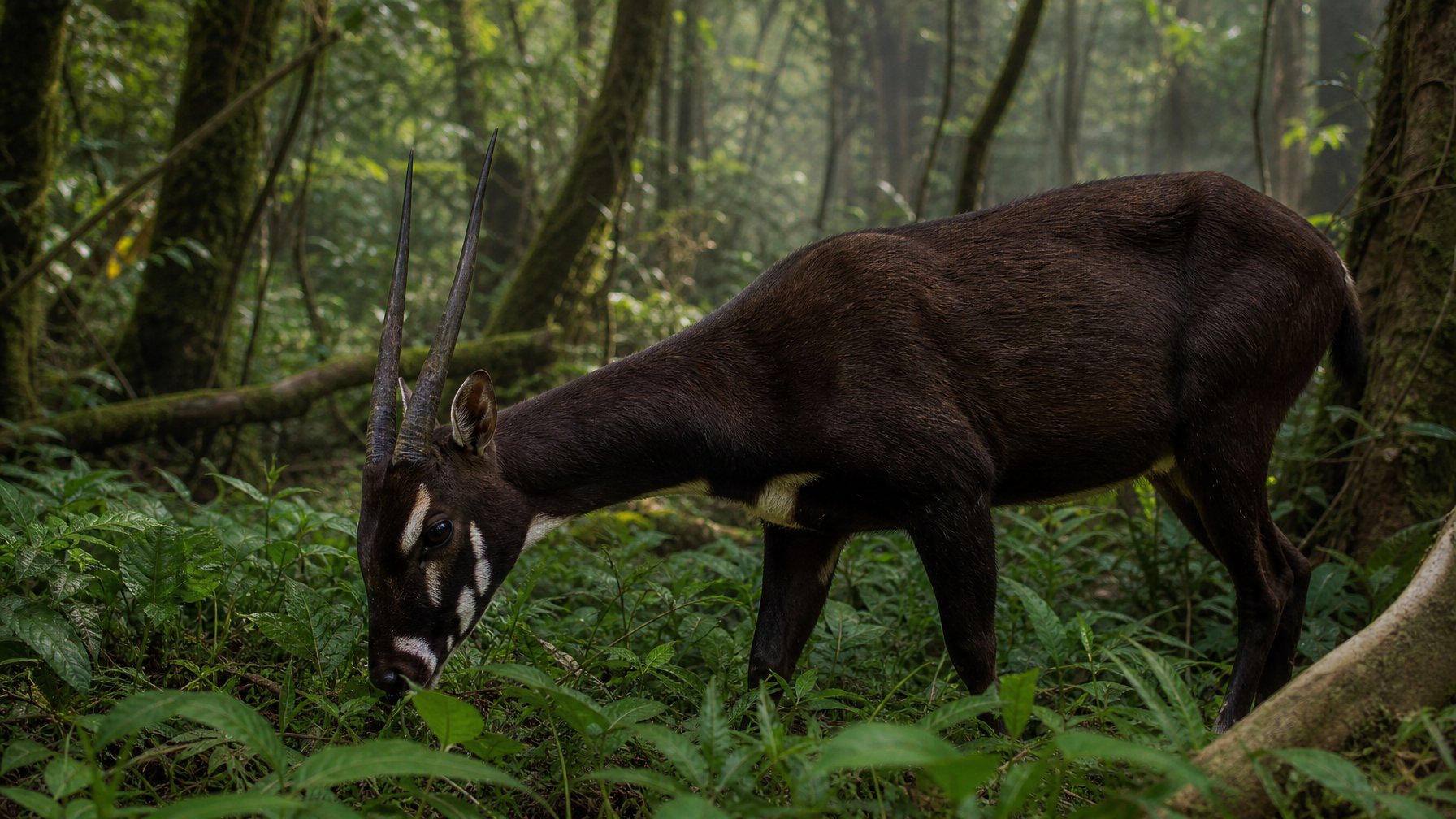 Seekor Saola langka sedang merumput di hutan lebat dengan daun hijau dan cahaya matahari yang menembus pepohonan.