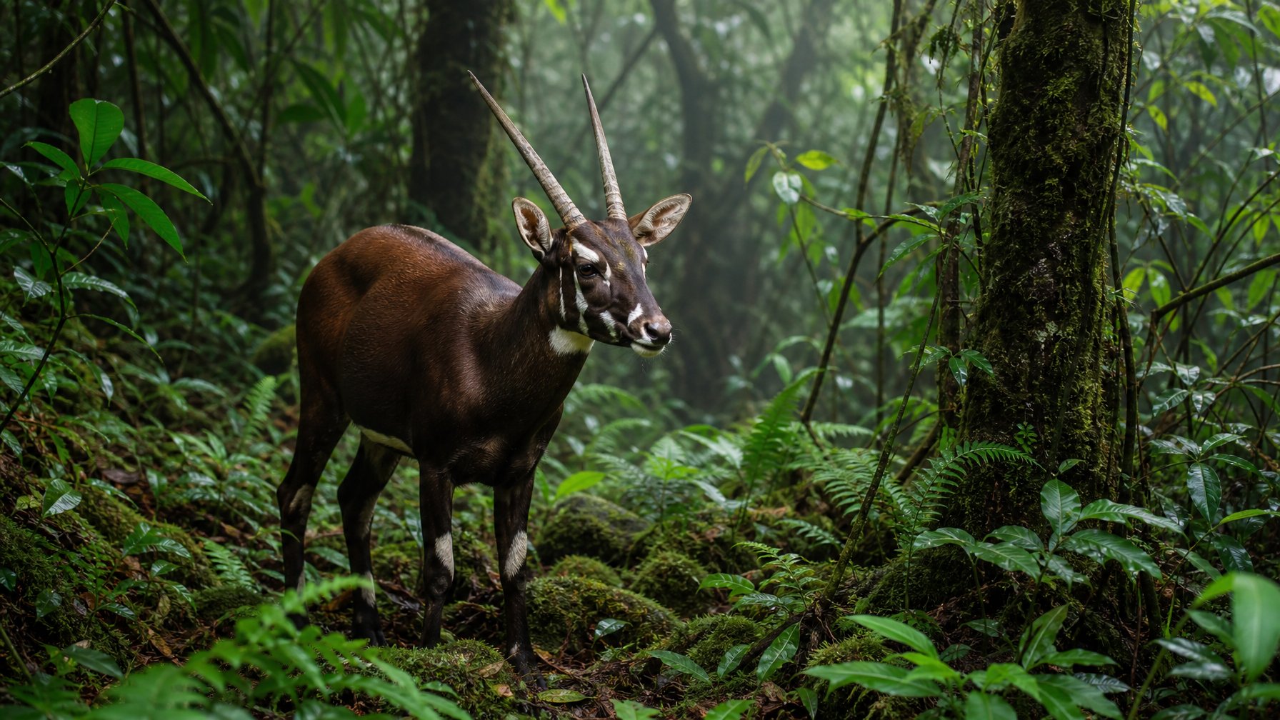 Seekor Saola berdiri di tengah hutan lebat Annam dengan pepohonan hijau dan cahaya matahari yang menembus kanopi di atasnya.
