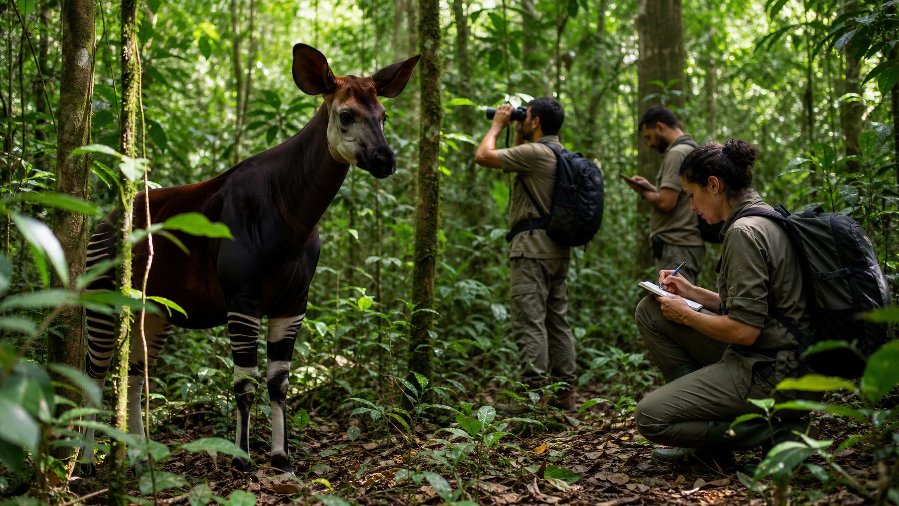 Seekor okapi berdiri di tengah hutan hujan Kongo yang lebat, dengan beberapa konservasionis yang mengamati dan mendokumentasikan hewan tersebut.