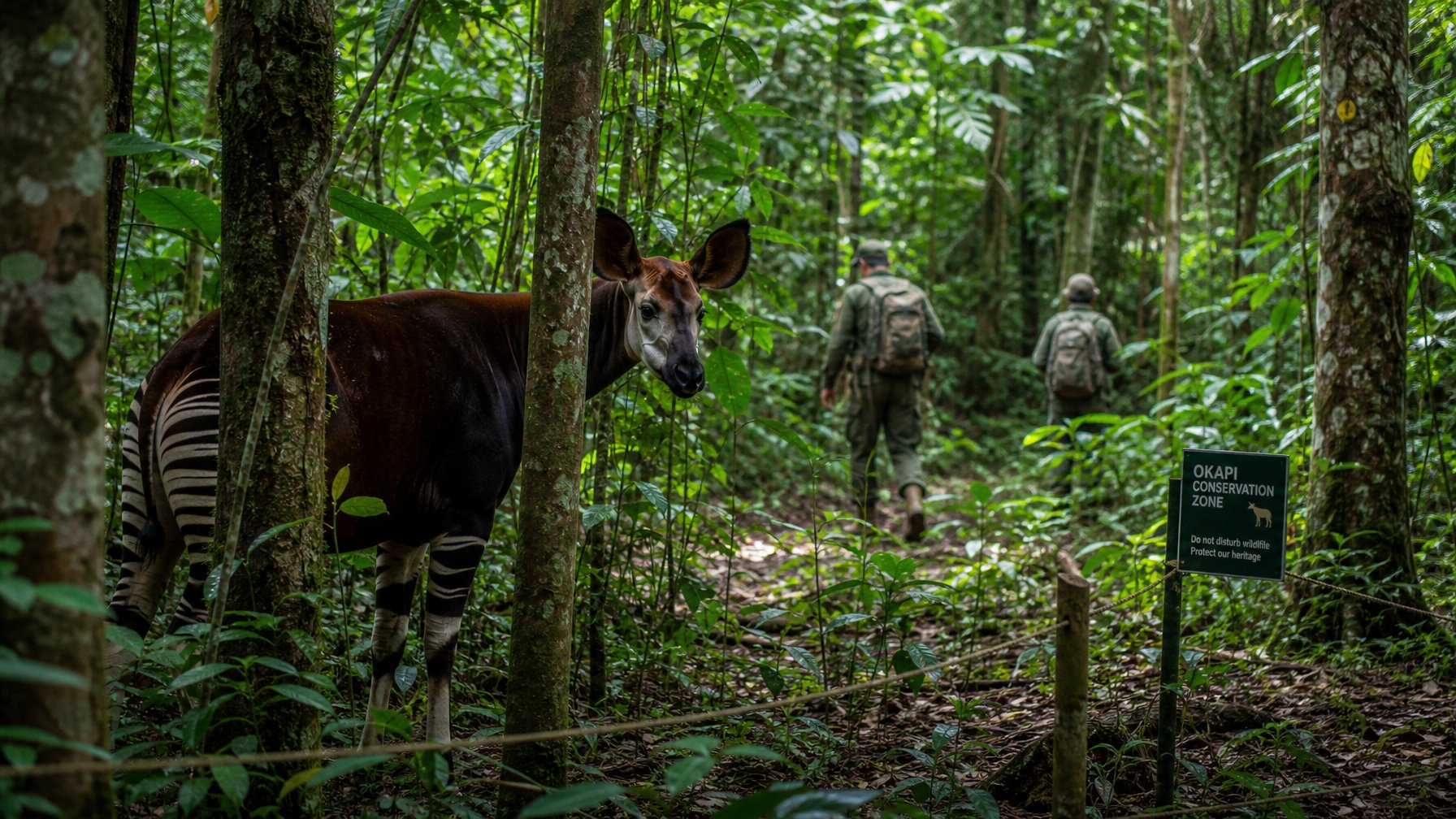 Seekor okapi di hutan lebat Kongo dengan tanaman hijau dan pepohonan tinggi di sekitarnya.