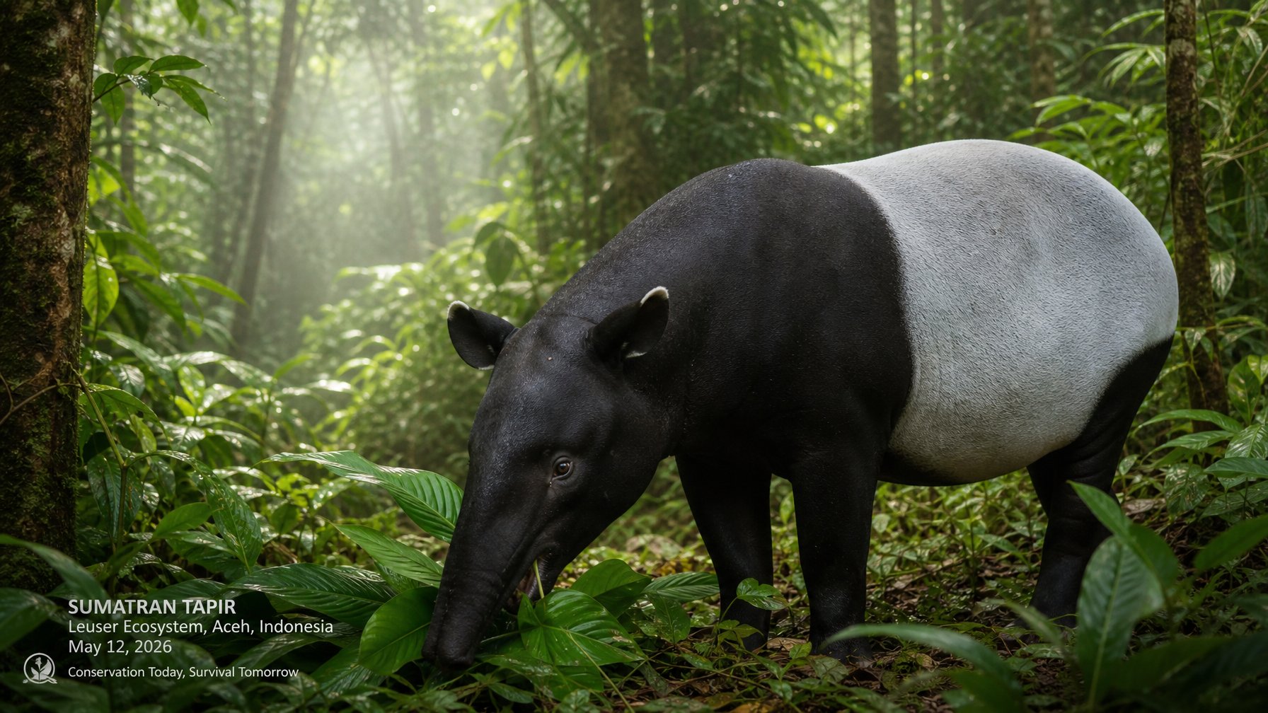 Seekor hewan herbivora langka di hutan tropis Indonesia sedang merumput di antara pepohonan hijau yang rimbun.