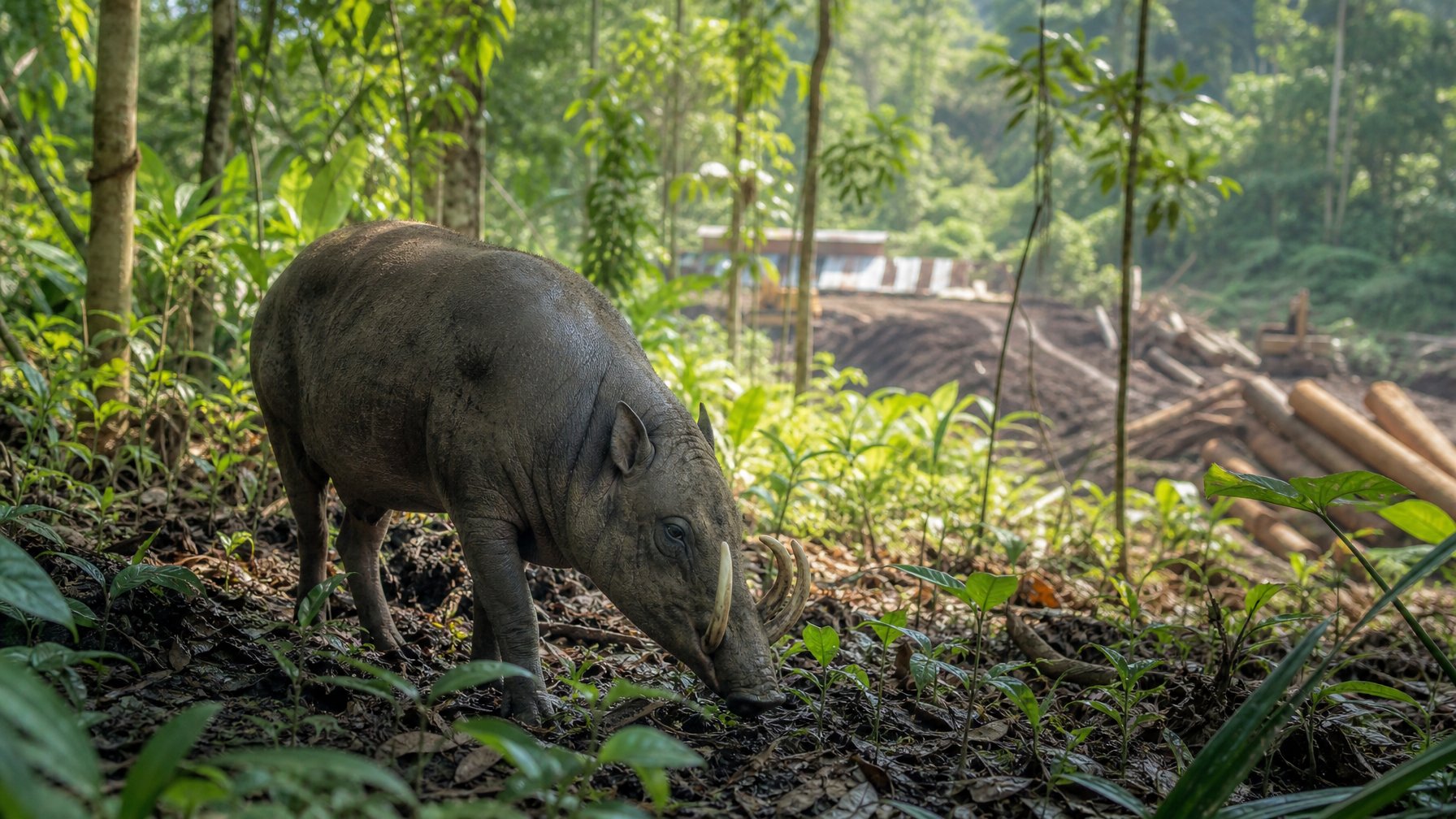Seekor hewan herbivora langka di hutan tropis Indonesia sedang merumput di antara dedaunan hijau yang rimbun dengan latar belakang hutan yang terlihat alami.