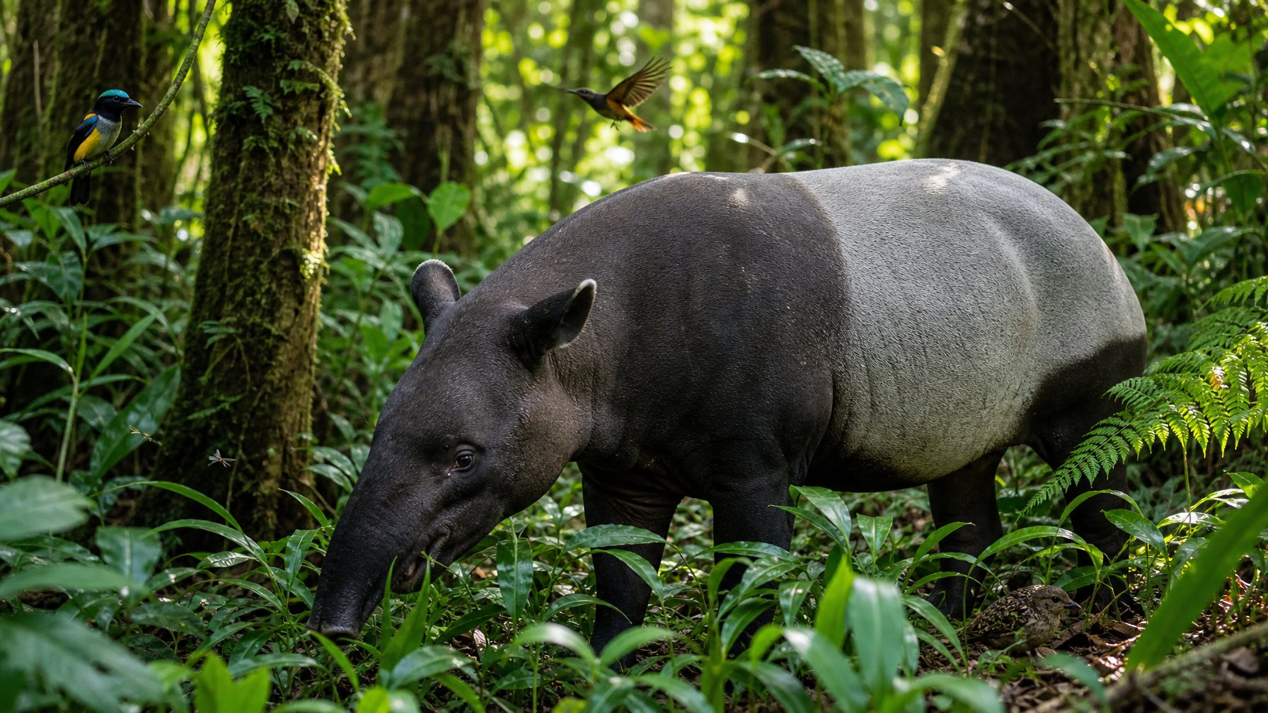 Seekor herbivora langka sedang merumput di tengah hutan hujan tropis yang rimbun dengan tumbuhan hijau dan pepohonan tinggi.