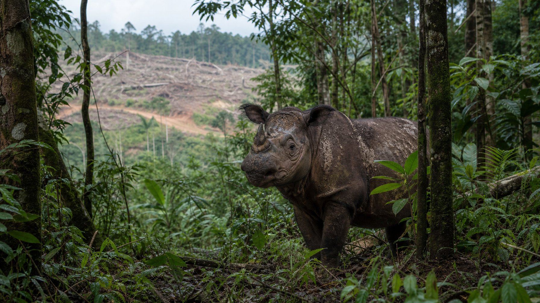 Seekor hewan herbivora langka berdiri di hutan hijau yang lebat dengan latar belakang pohon-pohon dan tanda-tanda ancaman lingkungan.