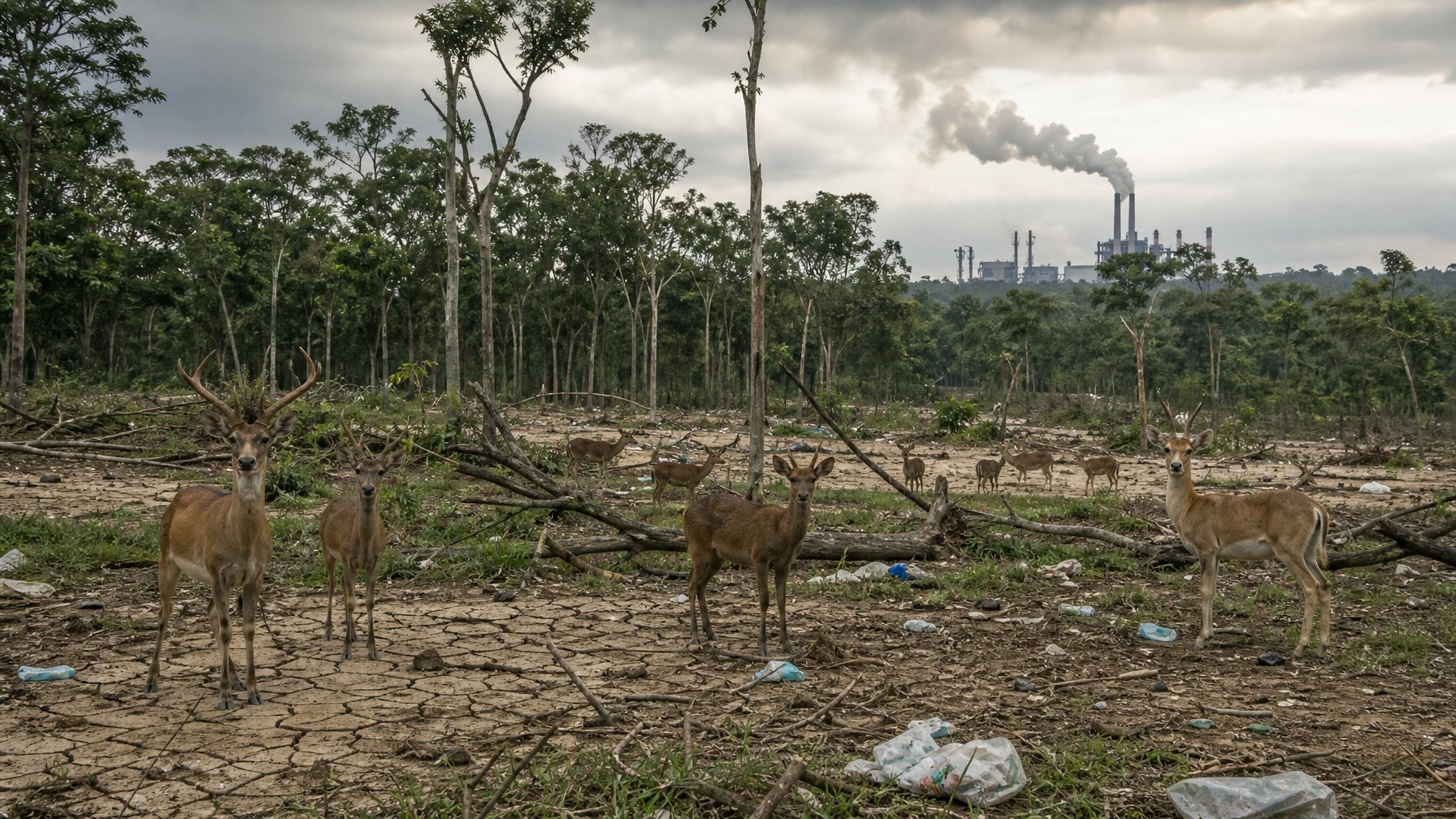 Pemandangan hutan dengan beberapa hewan herbivora yang terlihat waspada di tengah tanda-tanda kerusakan habitat seperti pohon tumbang, tanah kering, dan sampah plastik, dengan pabrik mengeluarkan asap di kejauhan.