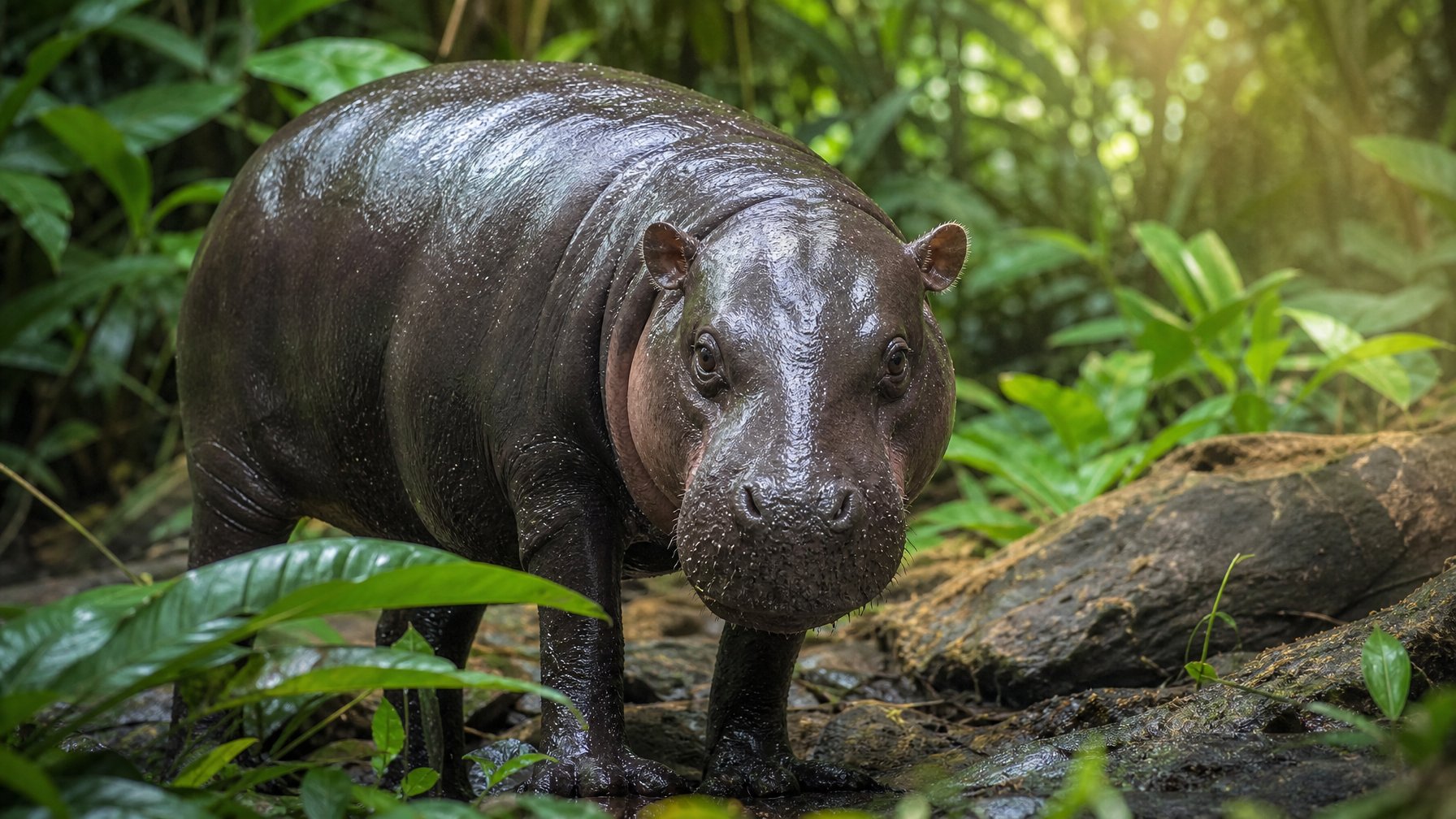 Seekor hewan herbivora langka di habitat alaminya dengan latar hutan hijau yang rimbun.