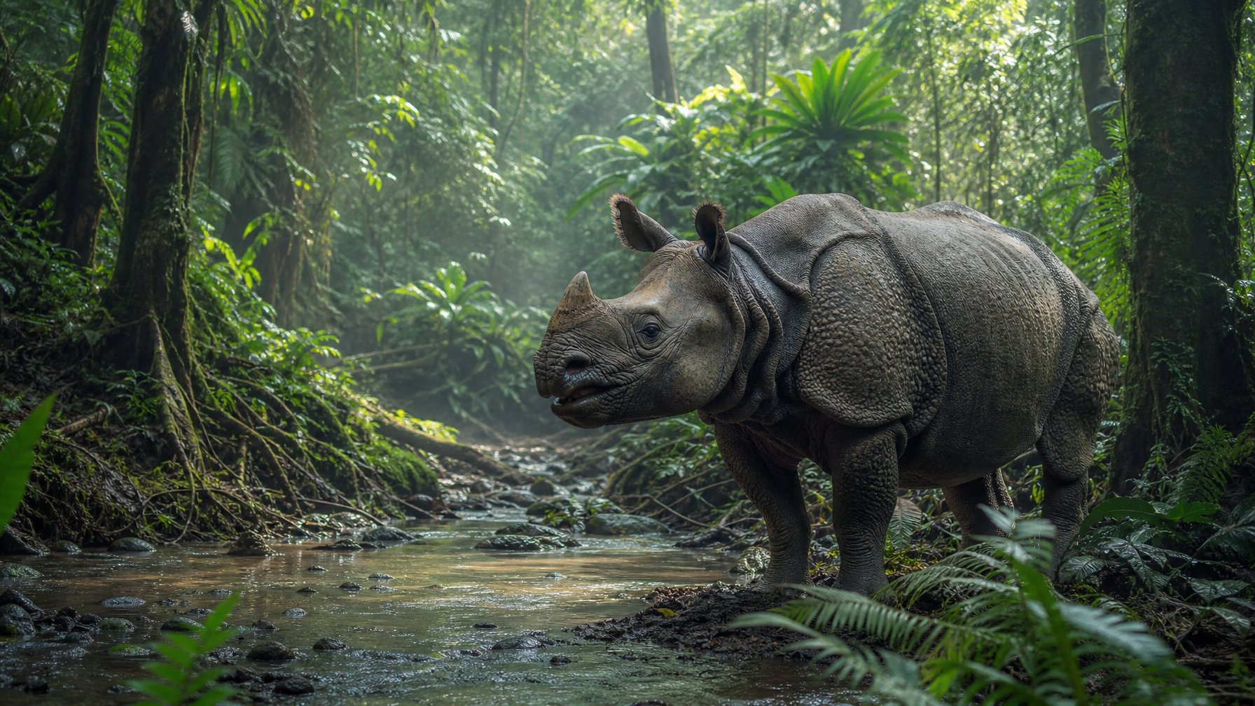 Seekor badak Jawa berdiri di hutan tropis yang lebat dengan tumbuhan hijau dan aliran air kecil di sekitarnya.