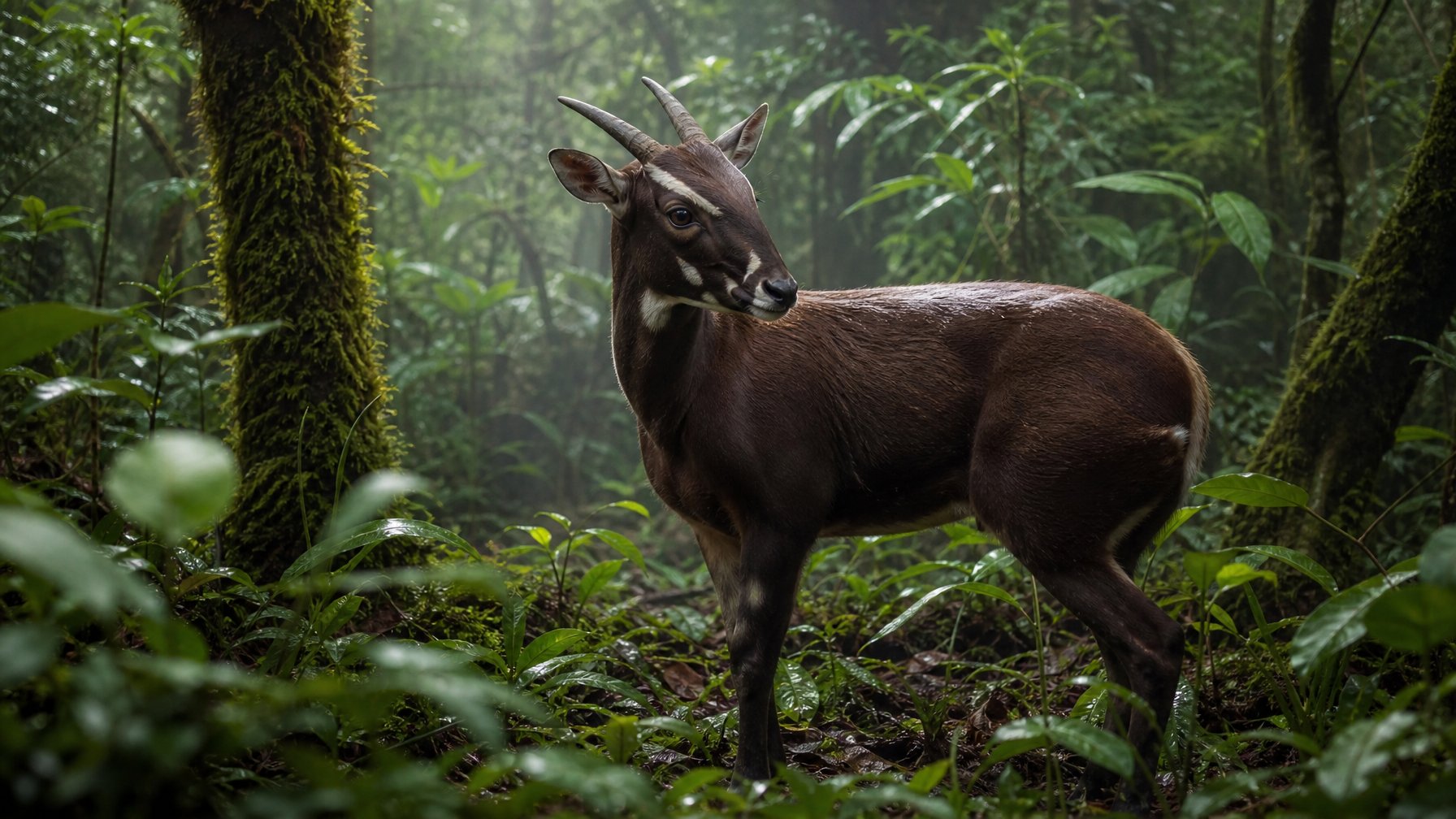 Seekor Saola langka berdiri di tengah hutan tropis yang lebat dengan dedaunan hijau dan cahaya alami yang lembut.