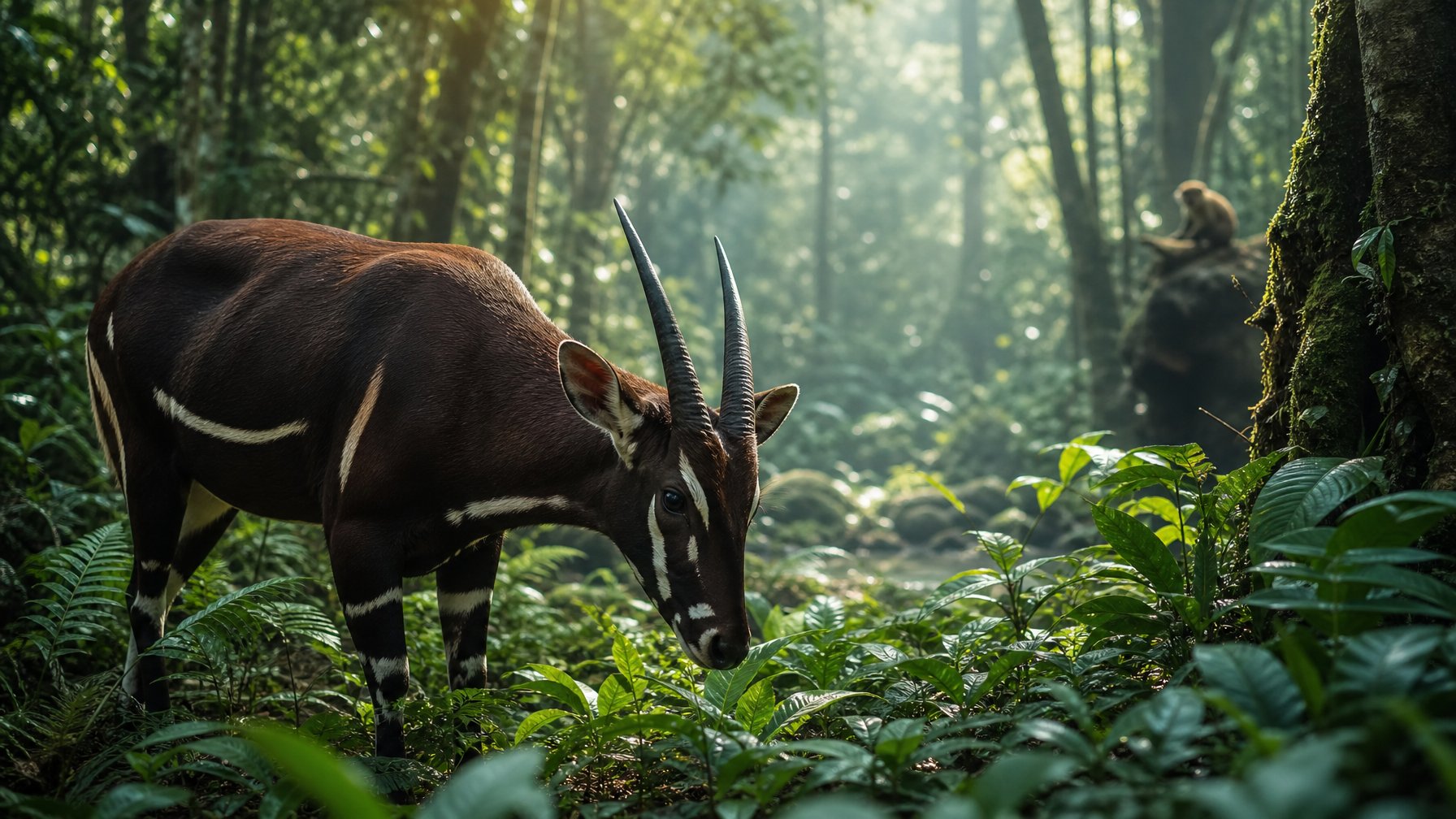 Seekor Saola langka sedang merumput di hutan lebat dengan pepohonan hijau dan cahaya matahari yang menembus daun-daun.