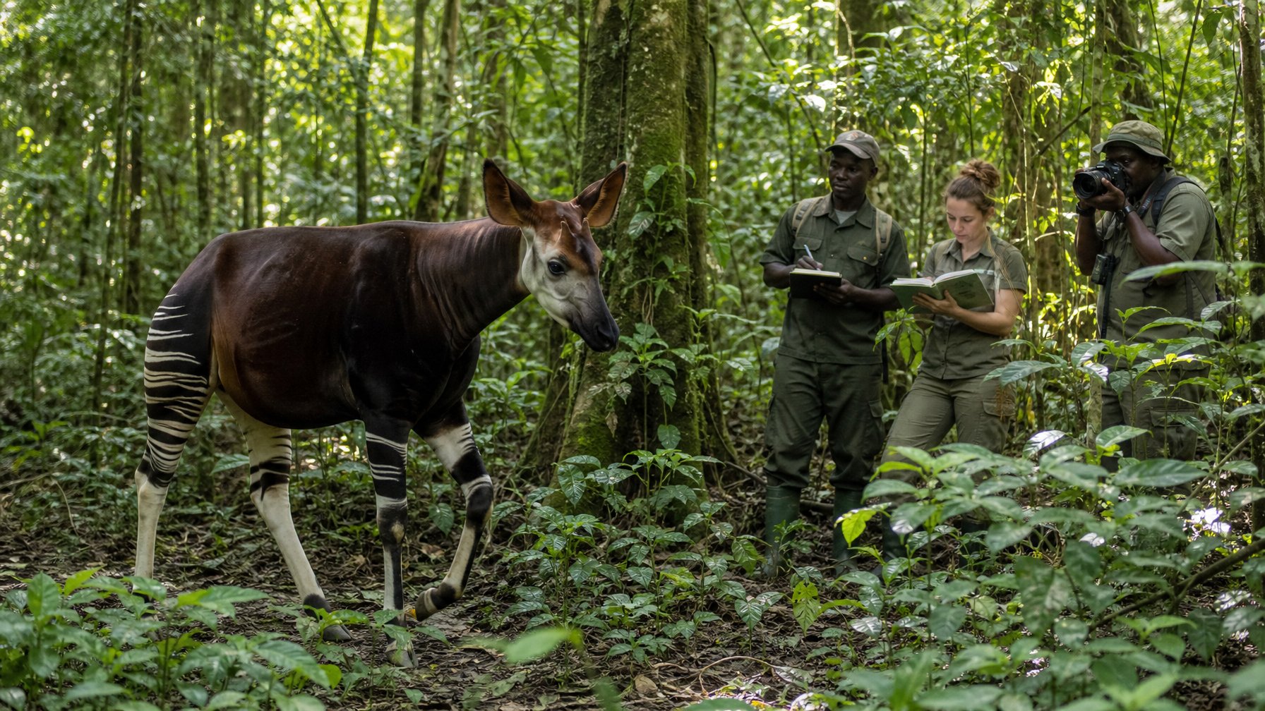 Seekor okapi berjalan di hutan lebat Kongo dengan beberapa konservasionis yang mengamati dan mendokumentasikan hewan tersebut.