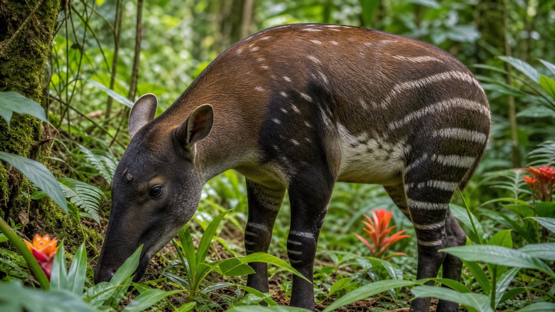 Seekor hewan herbivora langka sedang makan di hutan tropis Indonesia yang rimbun dengan cahaya matahari menyinari dedaunan.