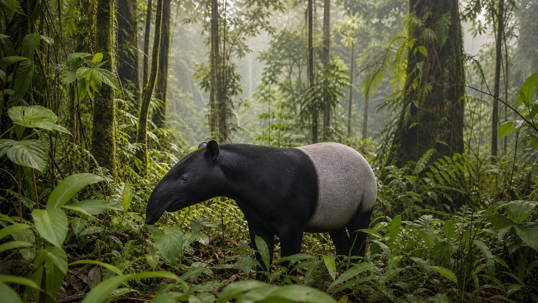 Seekor herbivora langka di hutan tropis Indonesia yang rimbun dan hijau, sedang berdiri di antara tanaman dan pepohonan.