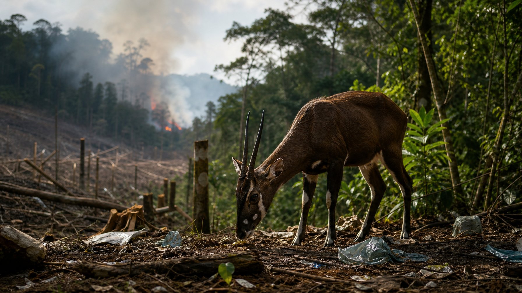 Seekor herbivora langka sedang merumput di hutan lebat dengan latar belakang tanda-tanda kerusakan lingkungan seperti kebakaran hutan dan sampah plastik.