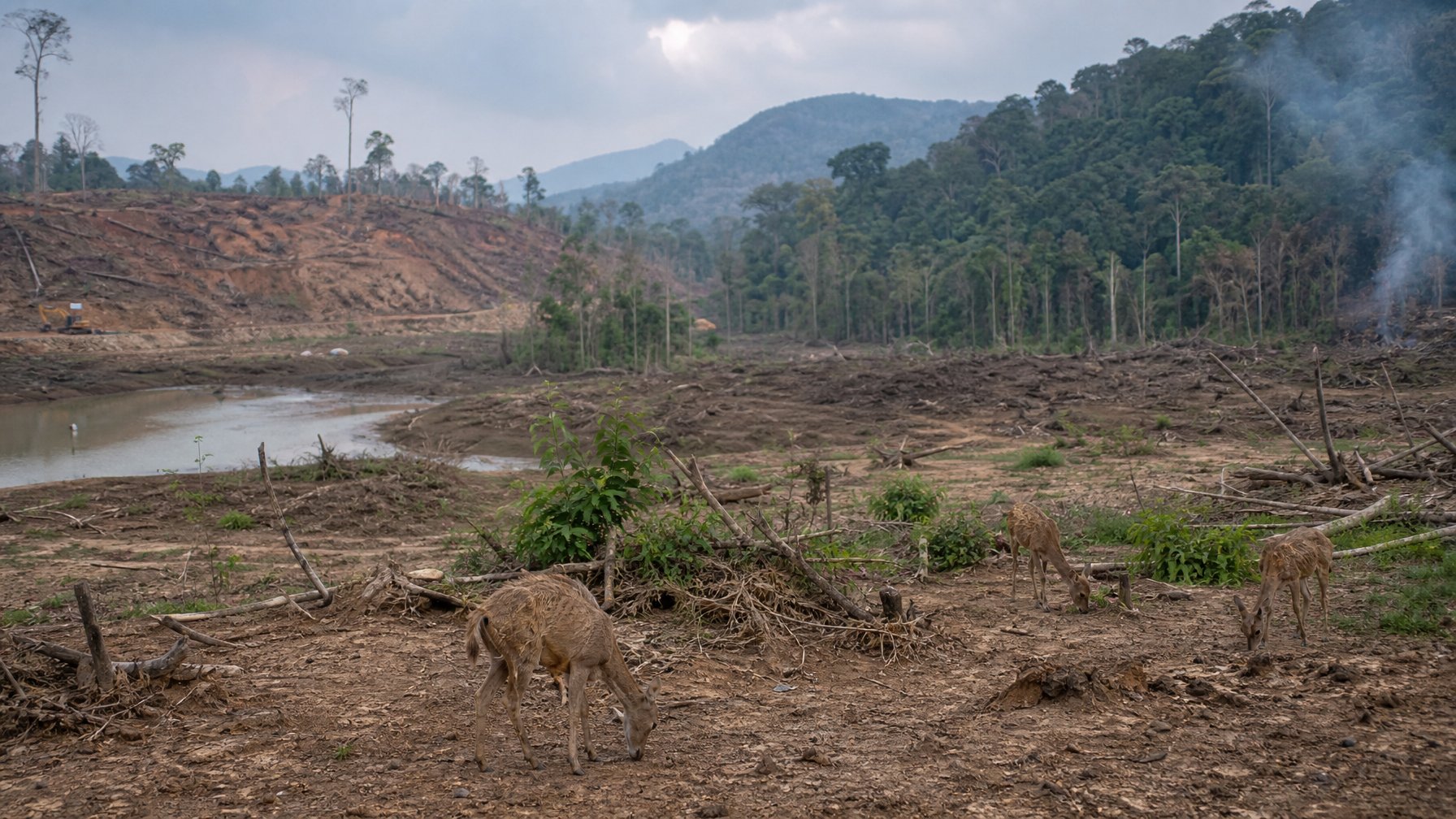 Pemandangan habitat alami dengan beberapa hewan herbivora yang jarang dan lingkungan yang menunjukkan kerusakan habitat.