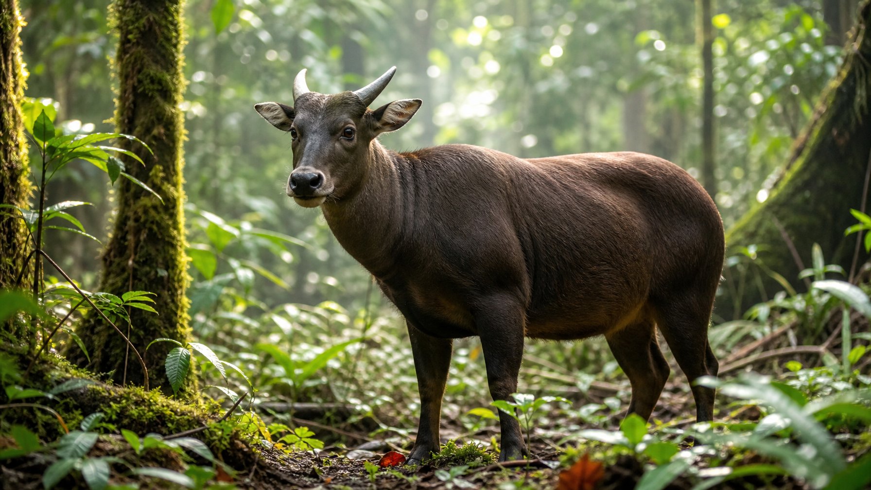 Seekor anoa berdiri di hutan tropis yang rimbun dengan dedaunan hijau dan sinar matahari yang menembus pepohonan.