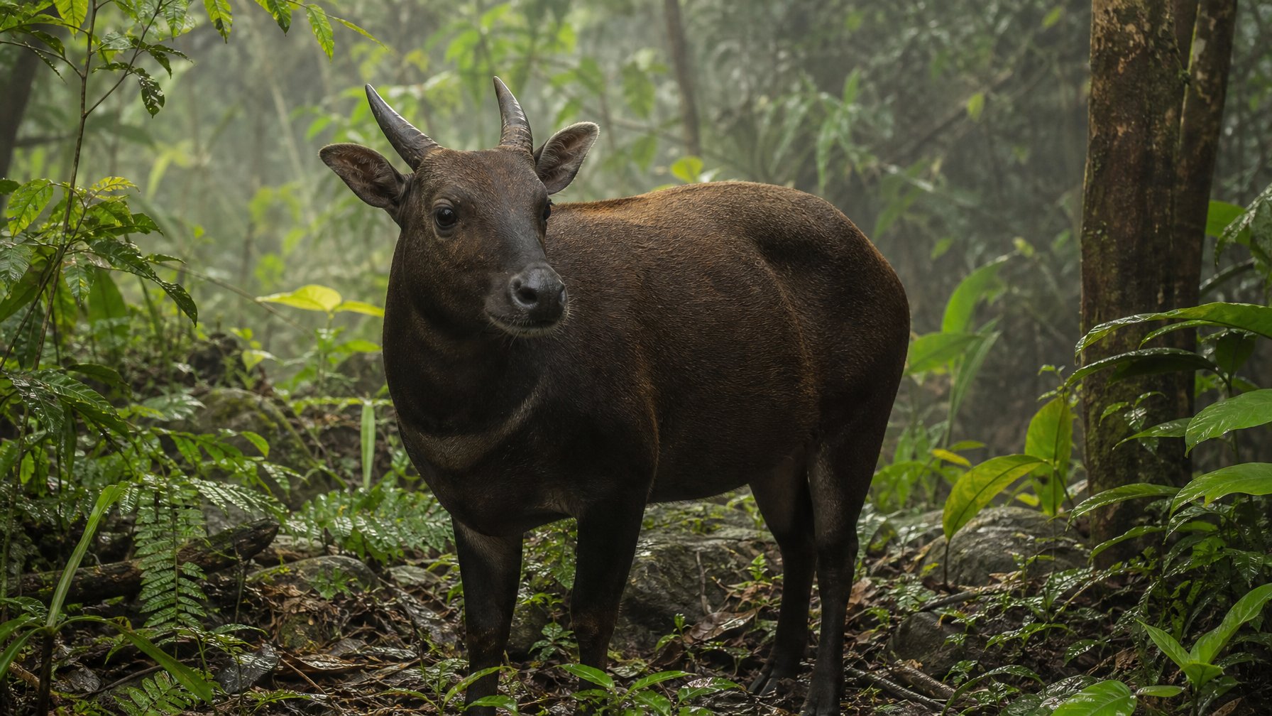 Seekor anoa berdiri di hutan tropis yang lebat dengan dedaunan hijau di sekitarnya.