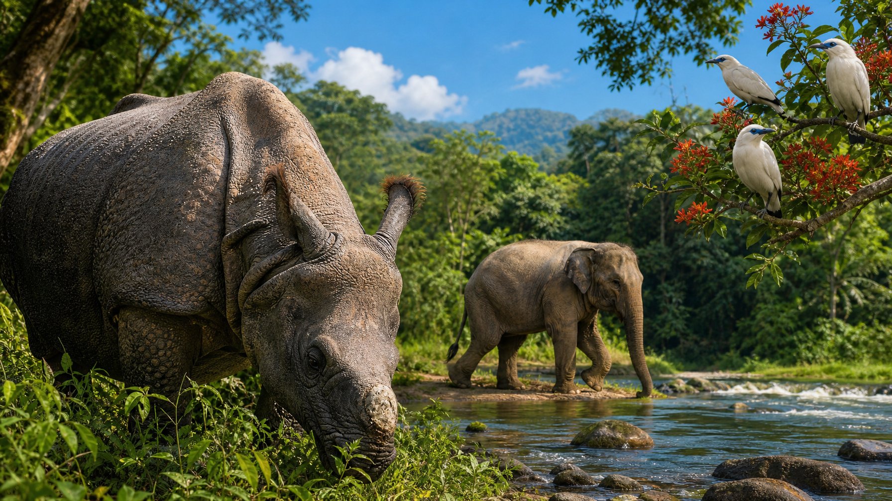 Berbagai hewan herbivora langka di habitat alami mereka, termasuk badak jawa, gajah sumatera, dan burung bali, di tengah hutan hijau yang rimbun.