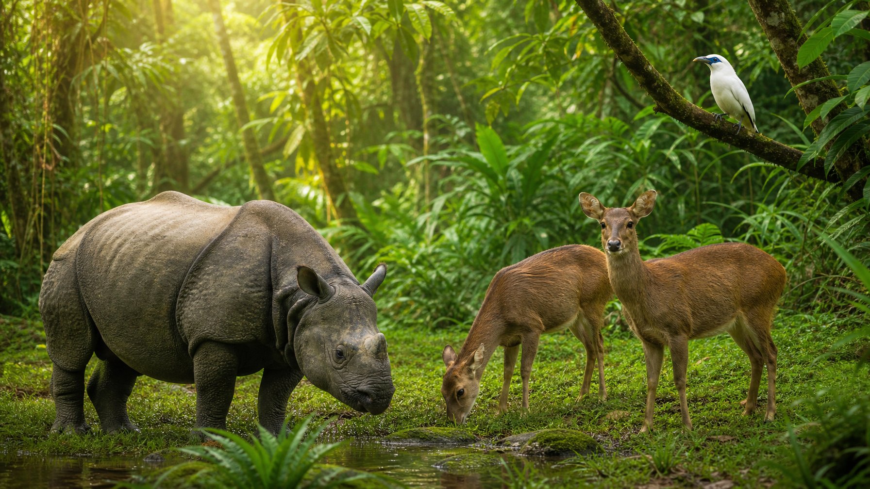 Beberapa satwa herbivora langka di habitat alami yang hijau dan rimbun, seperti badak sumatra dan rusa jawa, sedang makan dan beristirahat di hutan tropis.