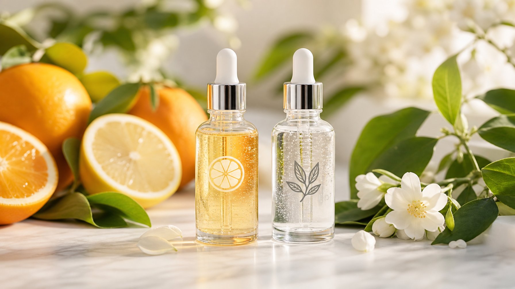 Dua botol serum dengan tetes kaca di atas permukaan marmer putih dengan buah jeruk dan daun hijau di sekitarnya.