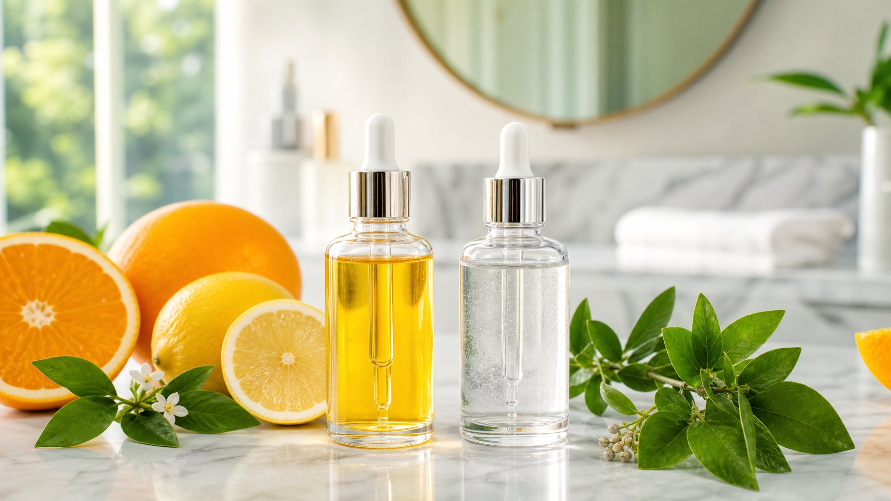 Dua botol serum skincare dengan buah jeruk dan daun hijau di atas permukaan marmer putih dalam suasana kamar mandi yang cerah.