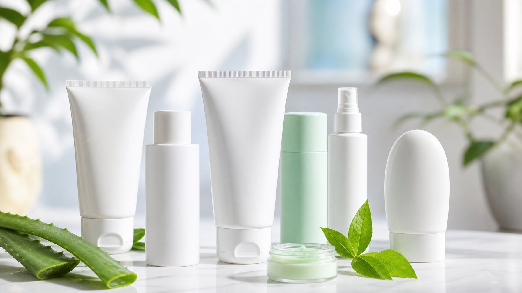 Beberapa produk tabir surya untuk kulit berjerawat yang tidak menyumbat pori-pori, diletakkan di atas permukaan putih dengan daun aloe vera dan daun teh hijau di sekitarnya.