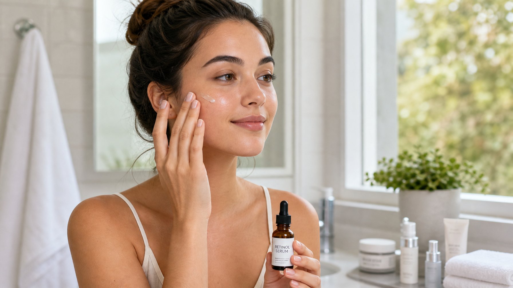 Seorang wanita muda sedang mengoleskan serum retinol ke wajahnya di kamar mandi yang terang dan rapi.