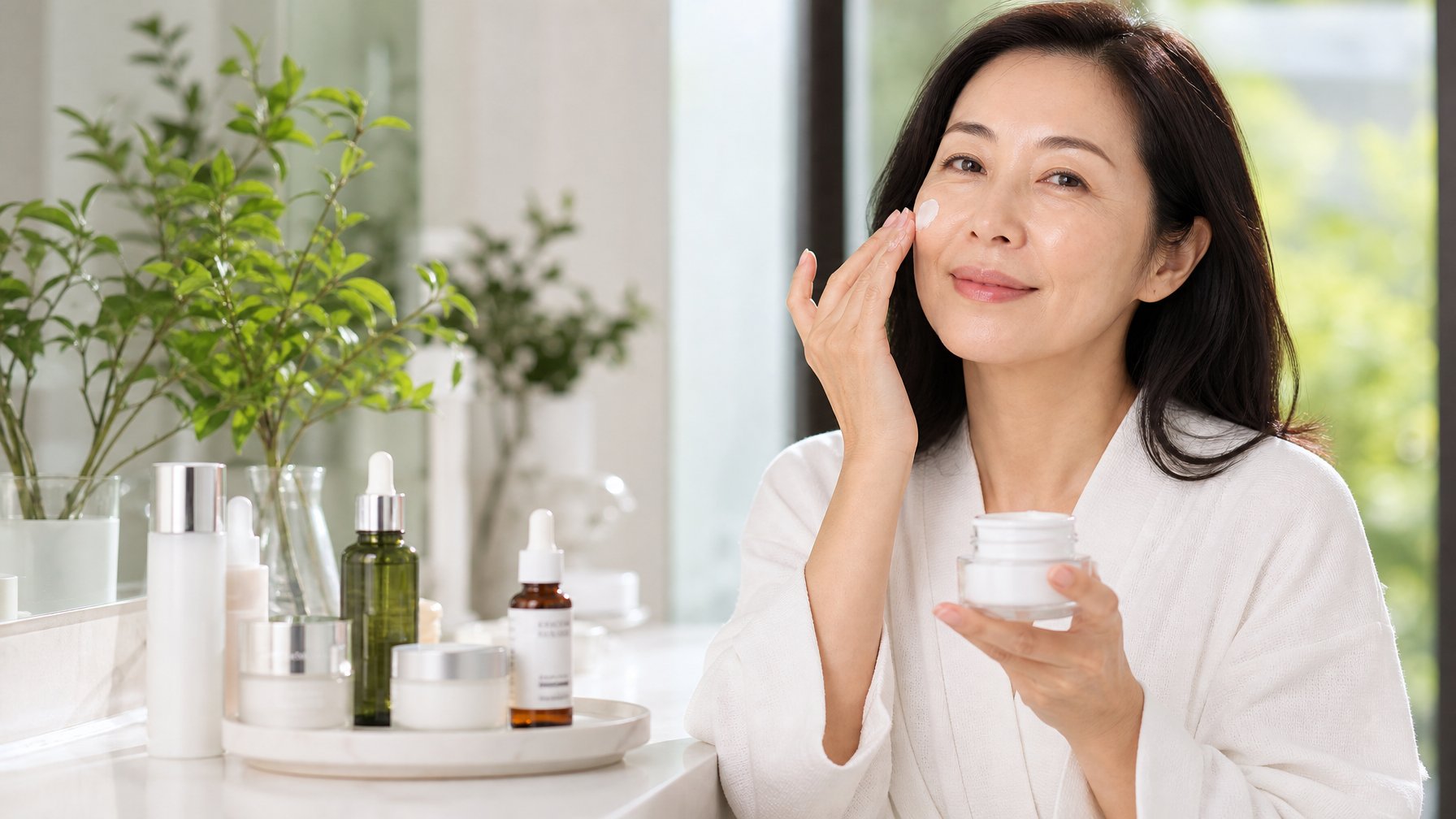 Seorang wanita Asia paruh baya sedang mengoleskan pelembap di wajahnya di kamar mandi yang terang dengan produk perawatan kulit di meja.