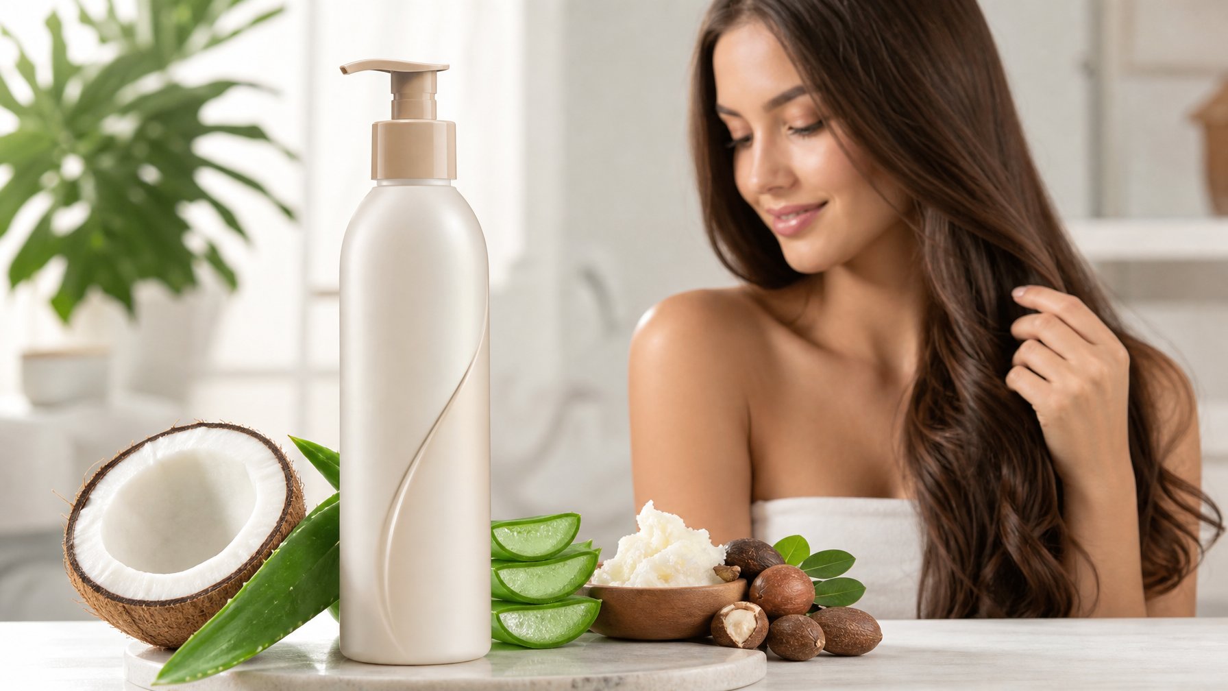 Botol sampo bebas sulfat dikelilingi bahan alami dan seorang wanita dengan rambut panjang yang sehat dan berkilau.