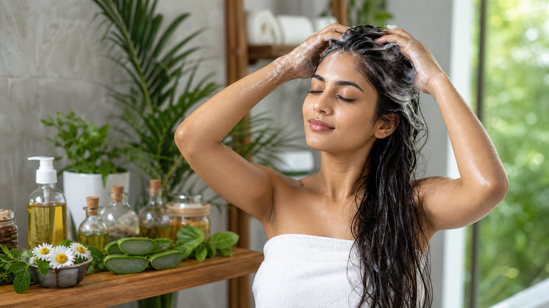 Seorang wanita sedang mengaplikasikan sampo herbal ke rambutnya di kamar mandi dengan botol dan tanaman herbal di latar belakang.
