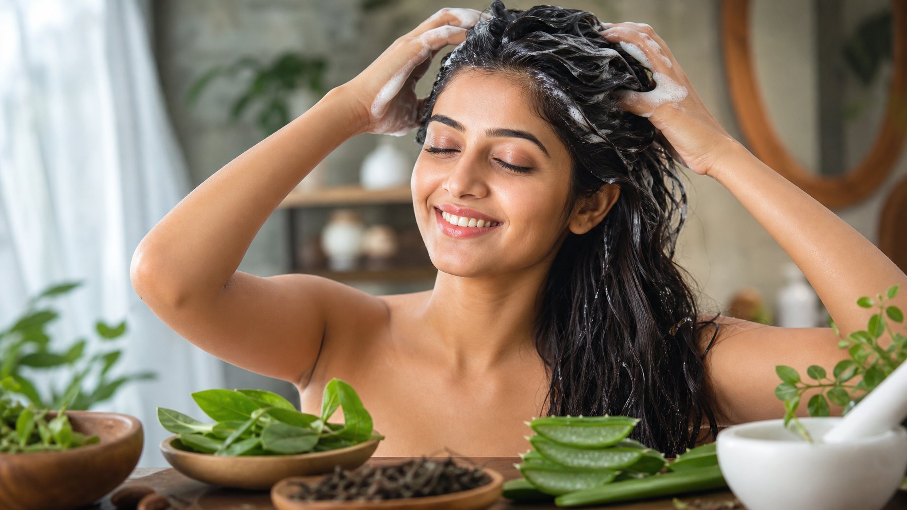 Seorang wanita sedang mengaplikasikan sampo herbal pada rambutnya di kamar mandi dengan tanaman herbal di sekitarnya.