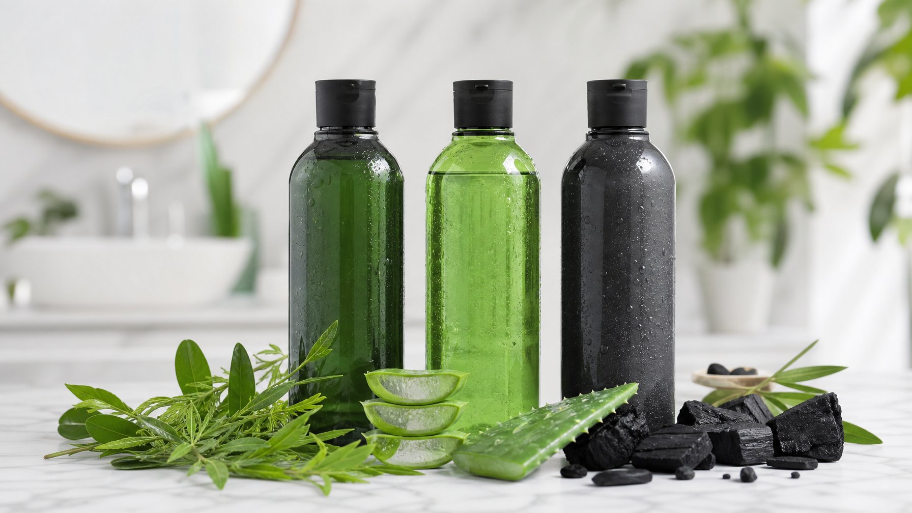 Beberapa botol sampo dengan bahan alami di atas permukaan putih, dikelilingi daun hijau dan potongan aloe vera, di latar belakang kamar mandi yang bersih.