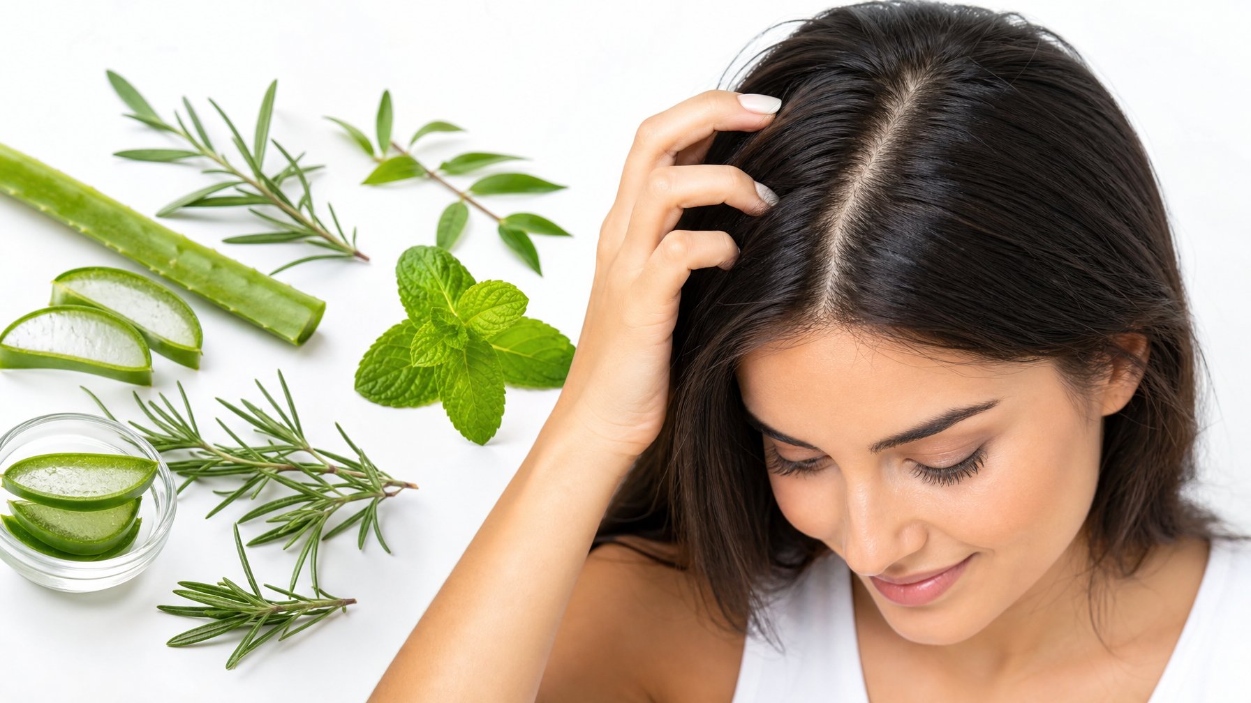 Seorang wanita muda dengan rambut sehat dan berkilau sedang menyentuh kulit kepalanya, dikelilingi oleh bahan alami seperti daun tea tree, lidah buaya, dan daun mint.
