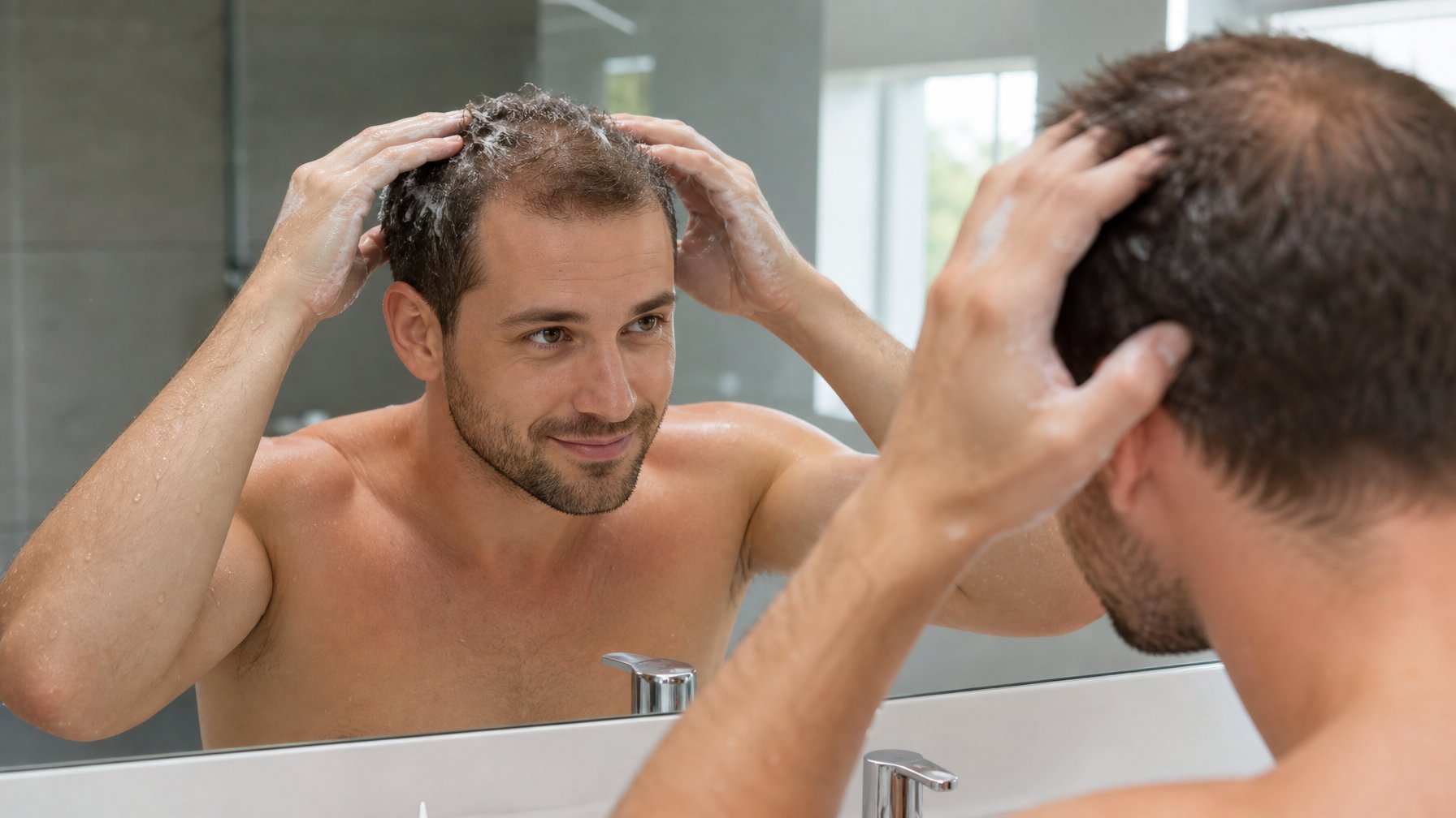 Seorang pria muda dengan rambut menipis sedang mengaplikasikan sampo ke kulit kepalanya di kamar mandi modern.