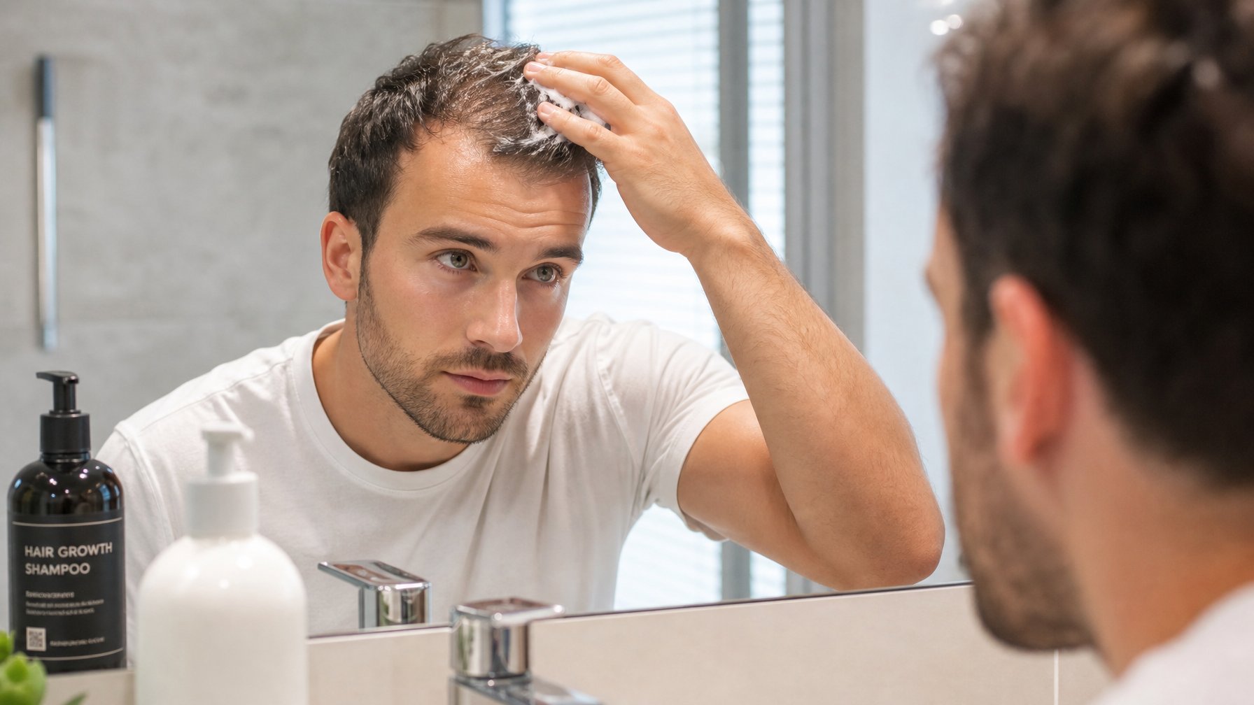 Seorang pria muda sedang mengaplikasikan sampo penyubur rambut di kulit kepalanya di kamar mandi.