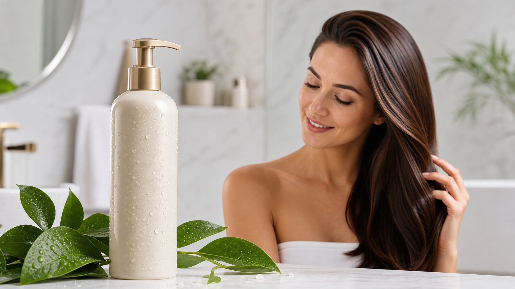 Seorang wanita dengan rambut berkilau yang terawat sedang menyentuh rambutnya di kamar mandi dengan botol sampo dan daun hijau di meja.