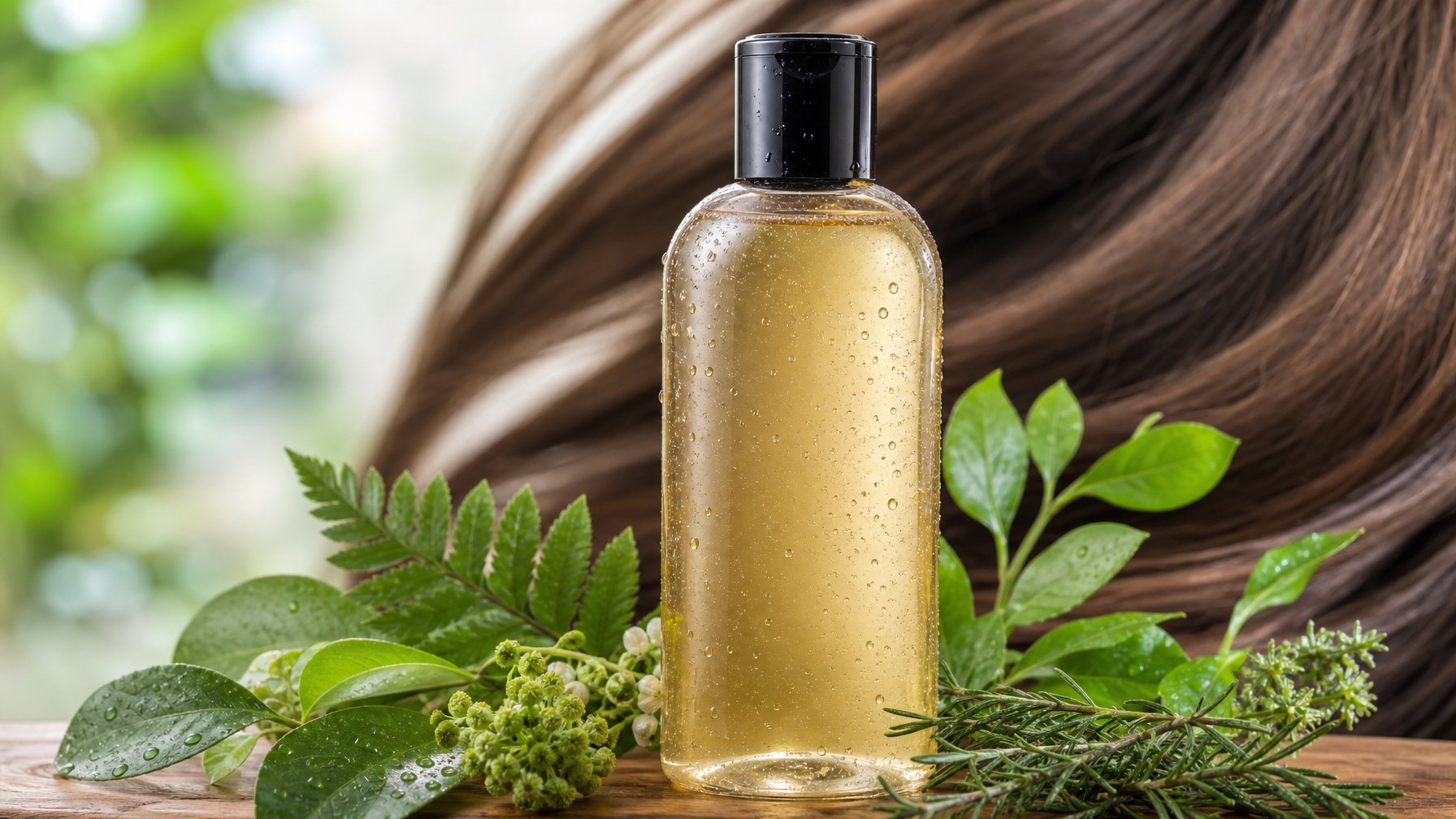Botol sampo organik diletakkan di atas permukaan kayu dengan daun hijau segar di sekitarnya dan latar belakang rambut sehat yang berkilau.