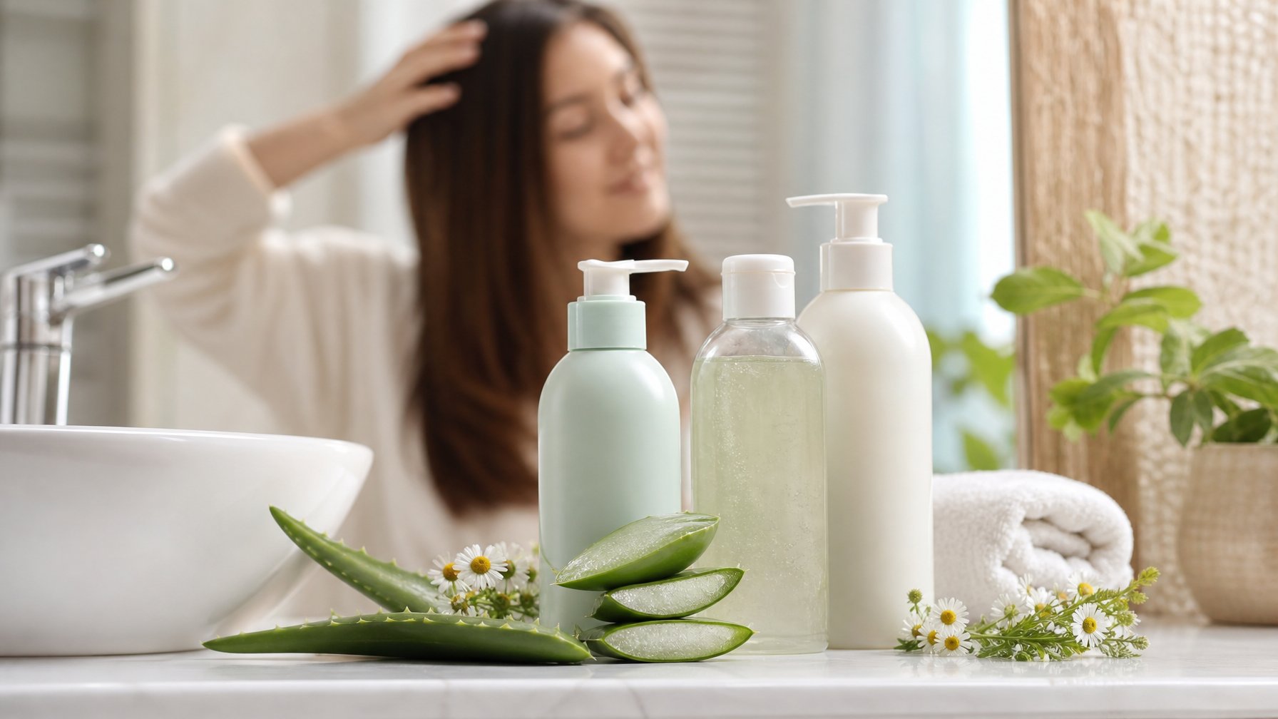 Botol sampo di atas meja kamar mandi dengan daun lidah buaya dan bunga chamomile, serta seseorang menyentuh kulit kepala mereka.