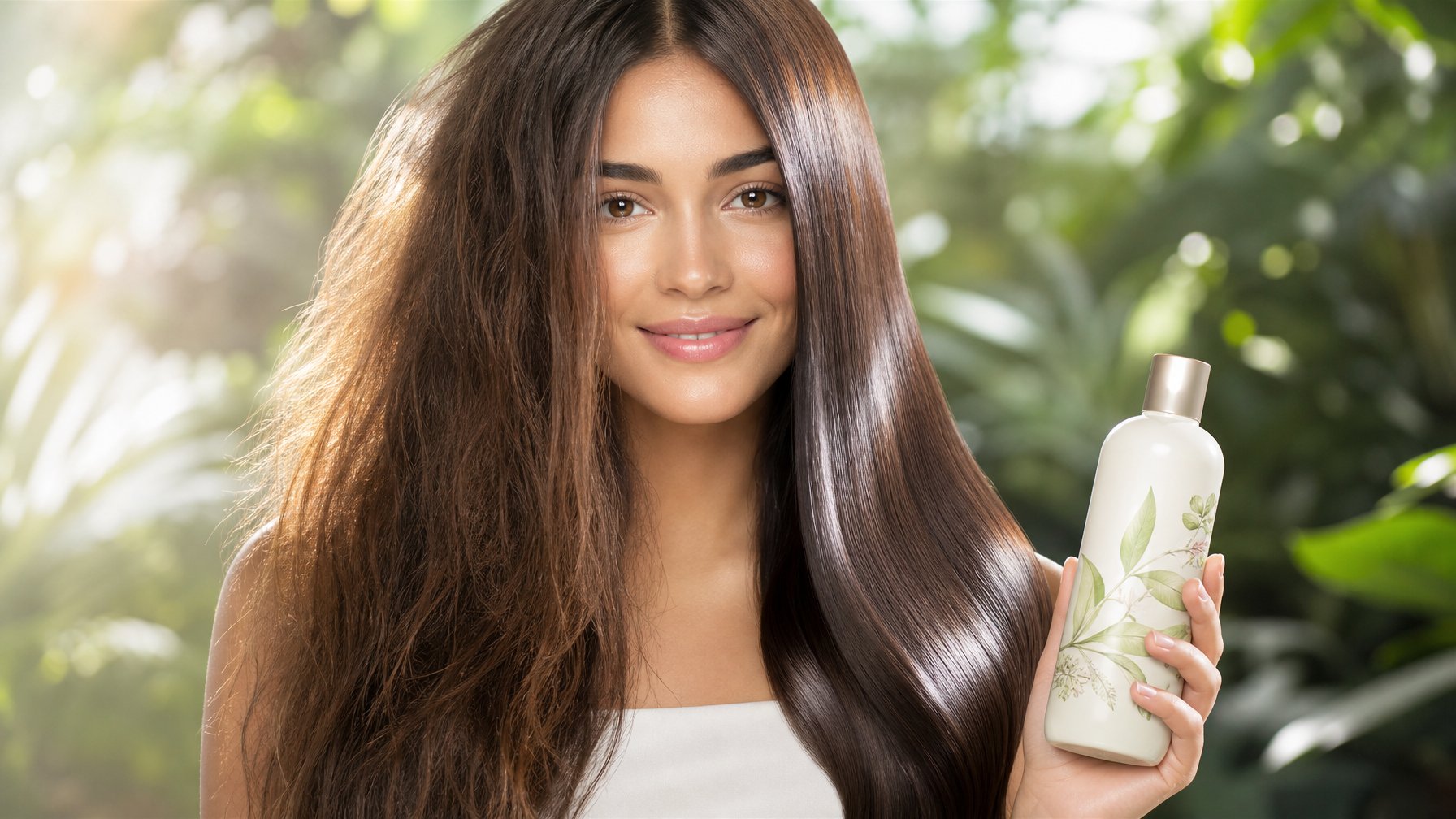 Seorang wanita memegang botol sampo dengan rambut kusam di satu sisi dan rambut berkilau di sisi lainnya.