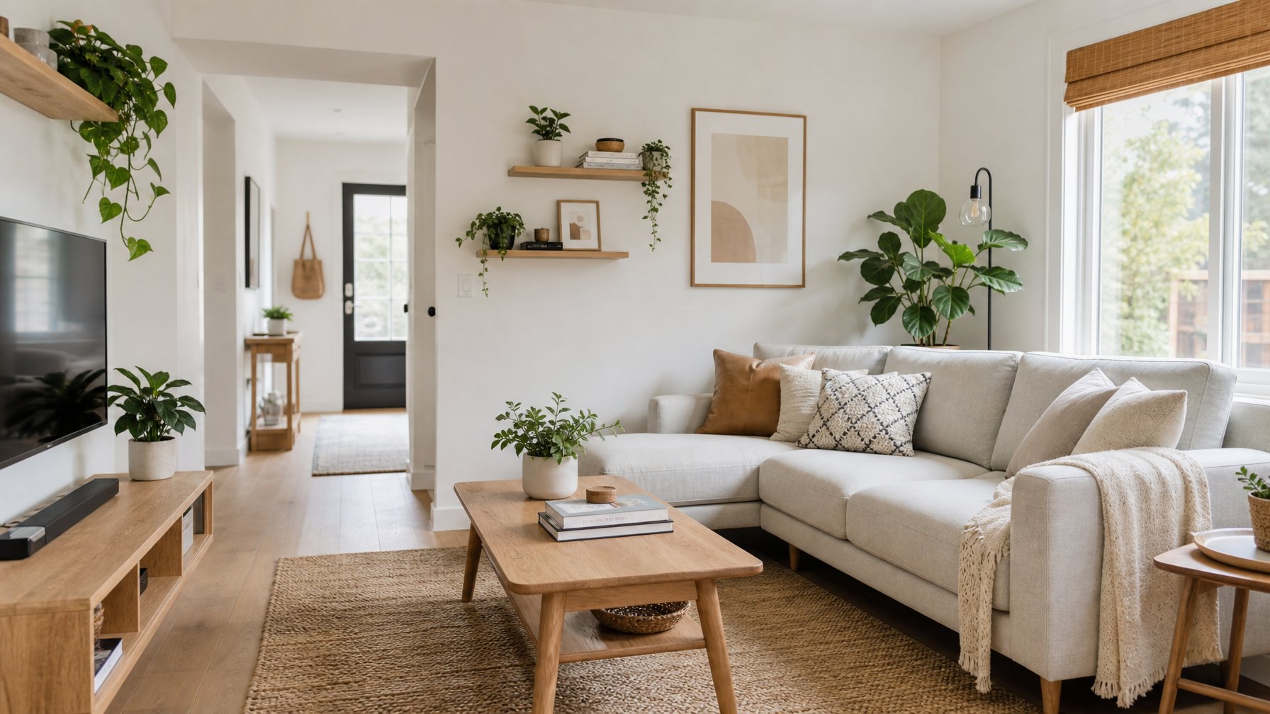 Ruang tamu kecil yang nyaman dengan sofa, meja kayu, tanaman hias, dan jendela besar yang menerangi ruangan.
