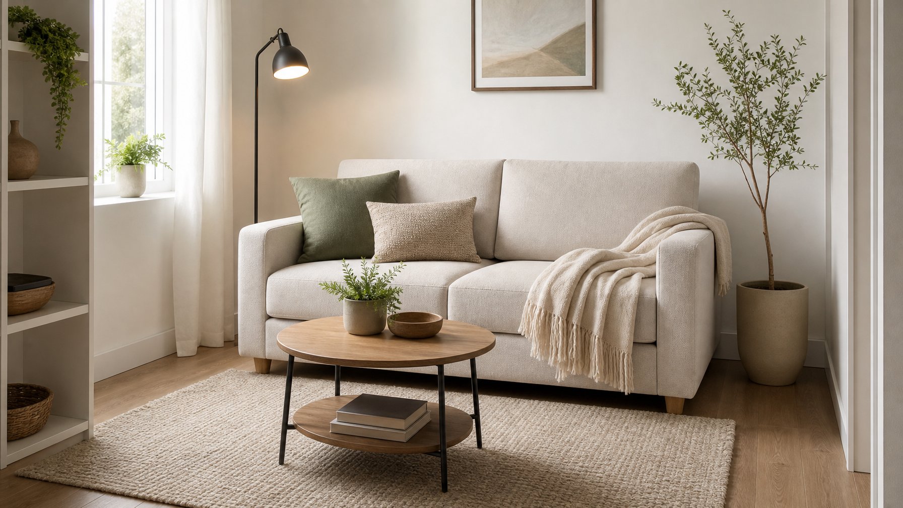 Sebuah ruang tamu kecil dengan sofa modern berwarna netral, meja kopi kecil, lampu lantai, dan tanaman hias di sudut ruangan.