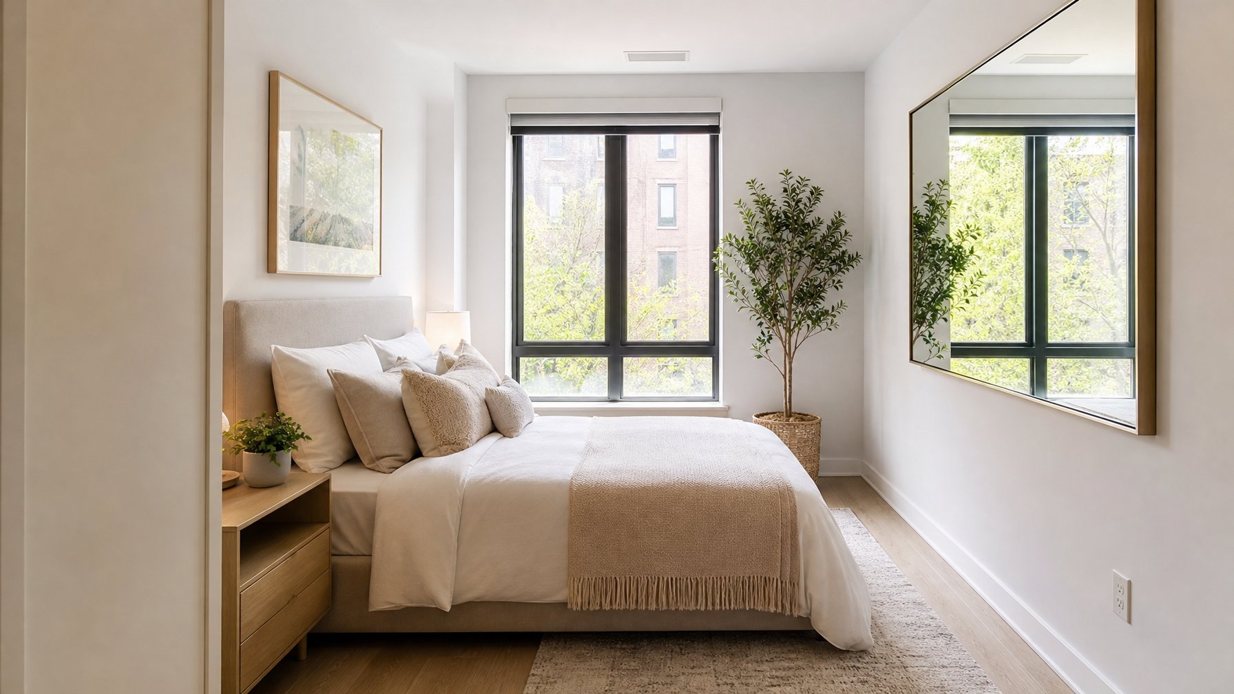 Kamar tidur sempit dengan tempat tidur rapi, jendela besar, dan dekorasi minimalis yang membuat ruangan terlihat luas dan nyaman.