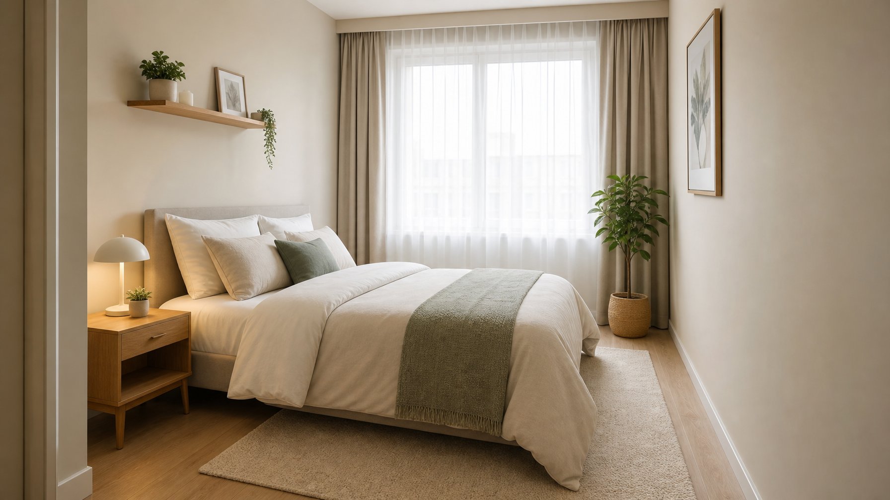 Kamar tidur kecil dengan penataan furnitur yang rapi dan ruang yang terlihat luas serta nyaman.