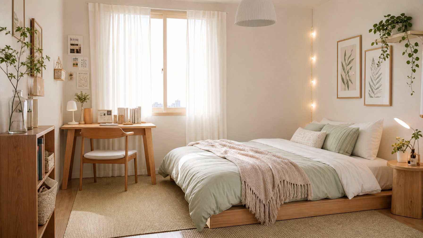 Kamar tidur kecil dengan tempat tidur rendah, meja kecil, tanaman hias, dan cahaya alami dari jendela.