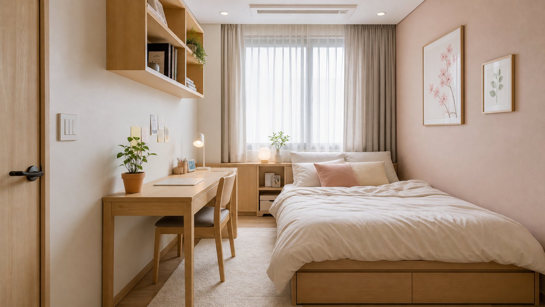 Kamar tidur kecil dengan tempat tidur rendah, meja kecil, tanaman hias, dan pencahayaan alami yang lembut.