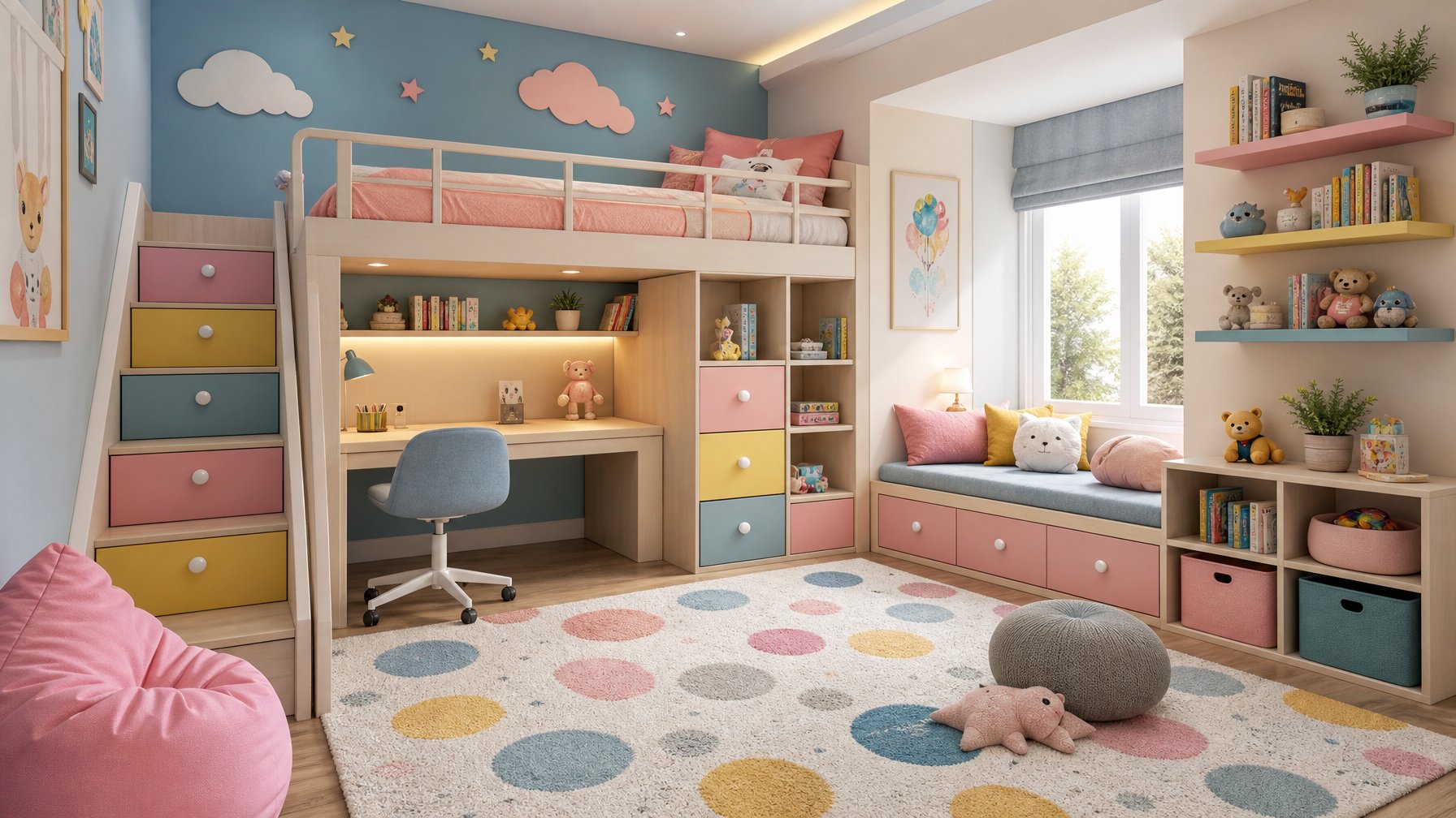 Kamar tidur anak yang cerah dengan tempat tidur susun multifungsi, rak dinding berisi mainan dan buku, serta sudut baca yang nyaman dekat jendela.