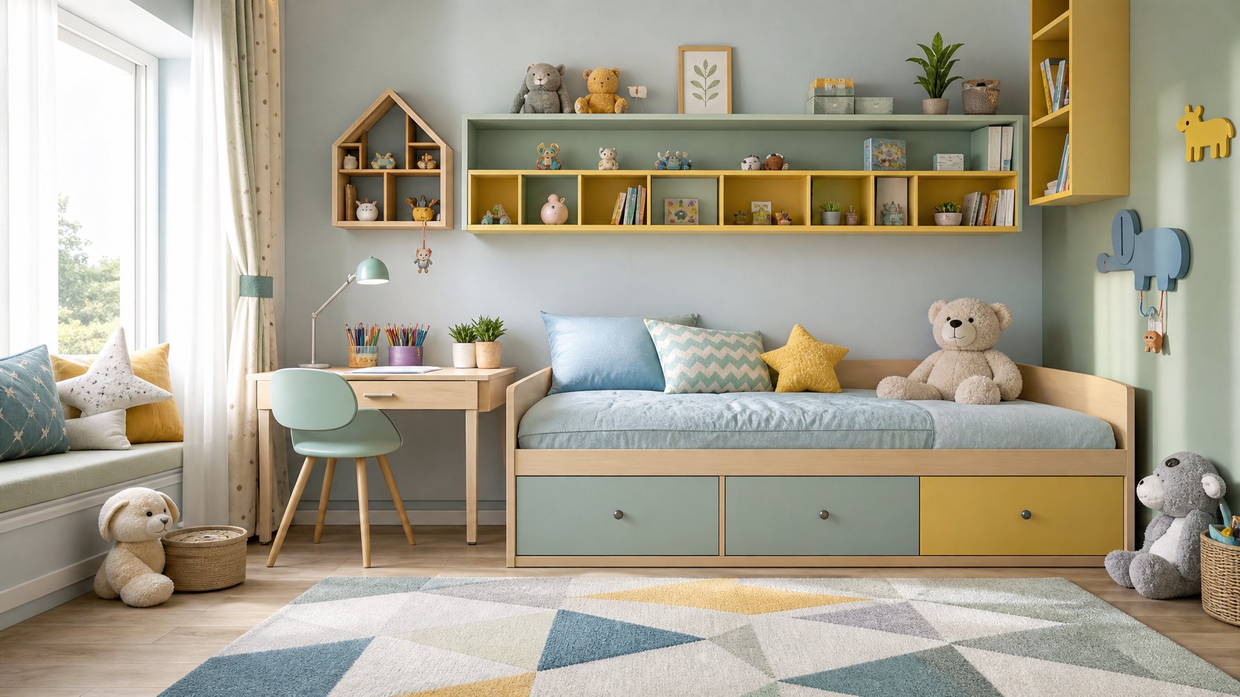 Kamar tidur anak yang cerah dengan tempat tidur multifungsi, rak mainan berwarna-warni, meja belajar kecil, dan dekorasi dinding yang kreatif.